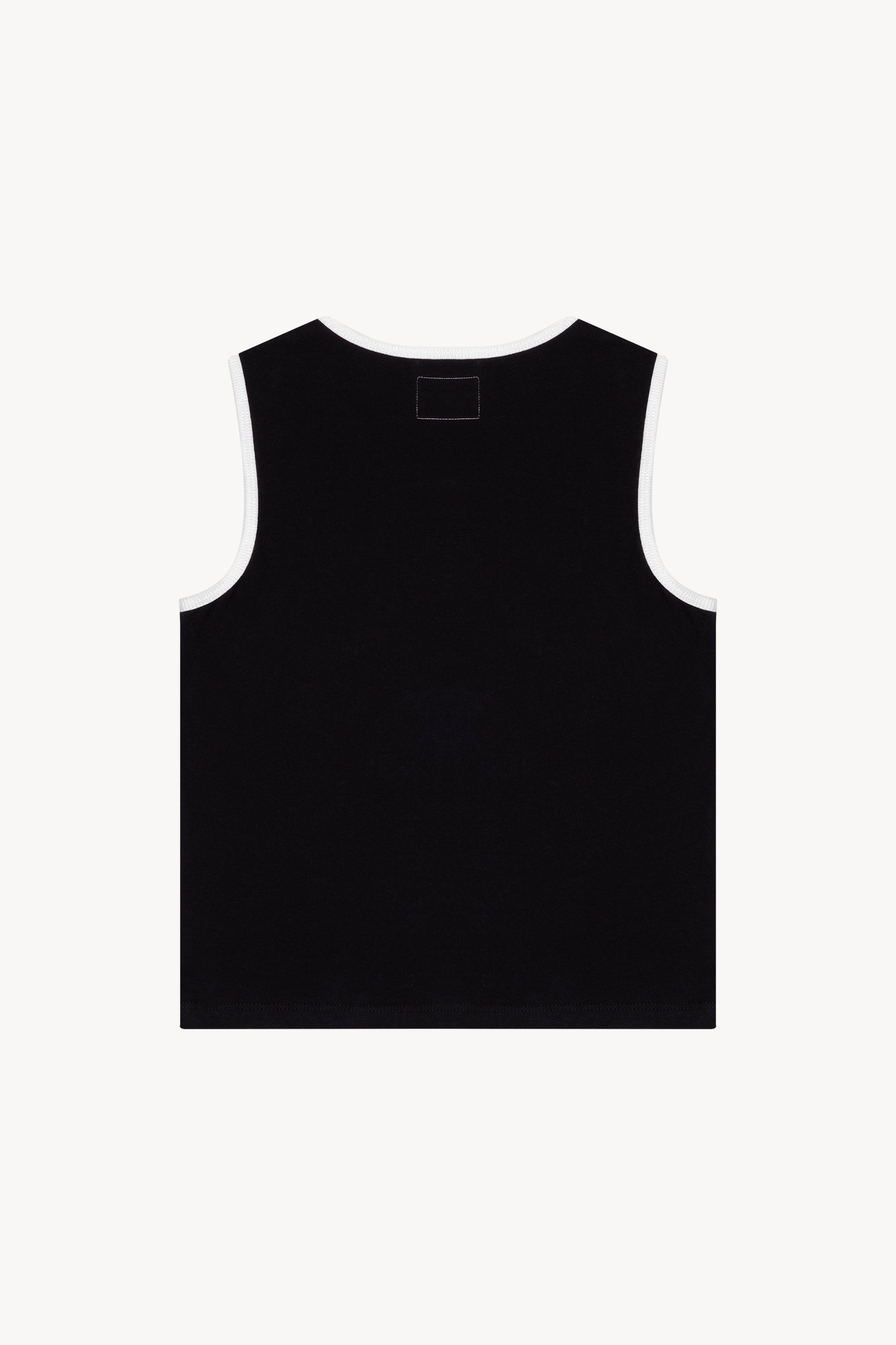 The black/white 03 tank in a white background. 100% made from organic grown cotton.