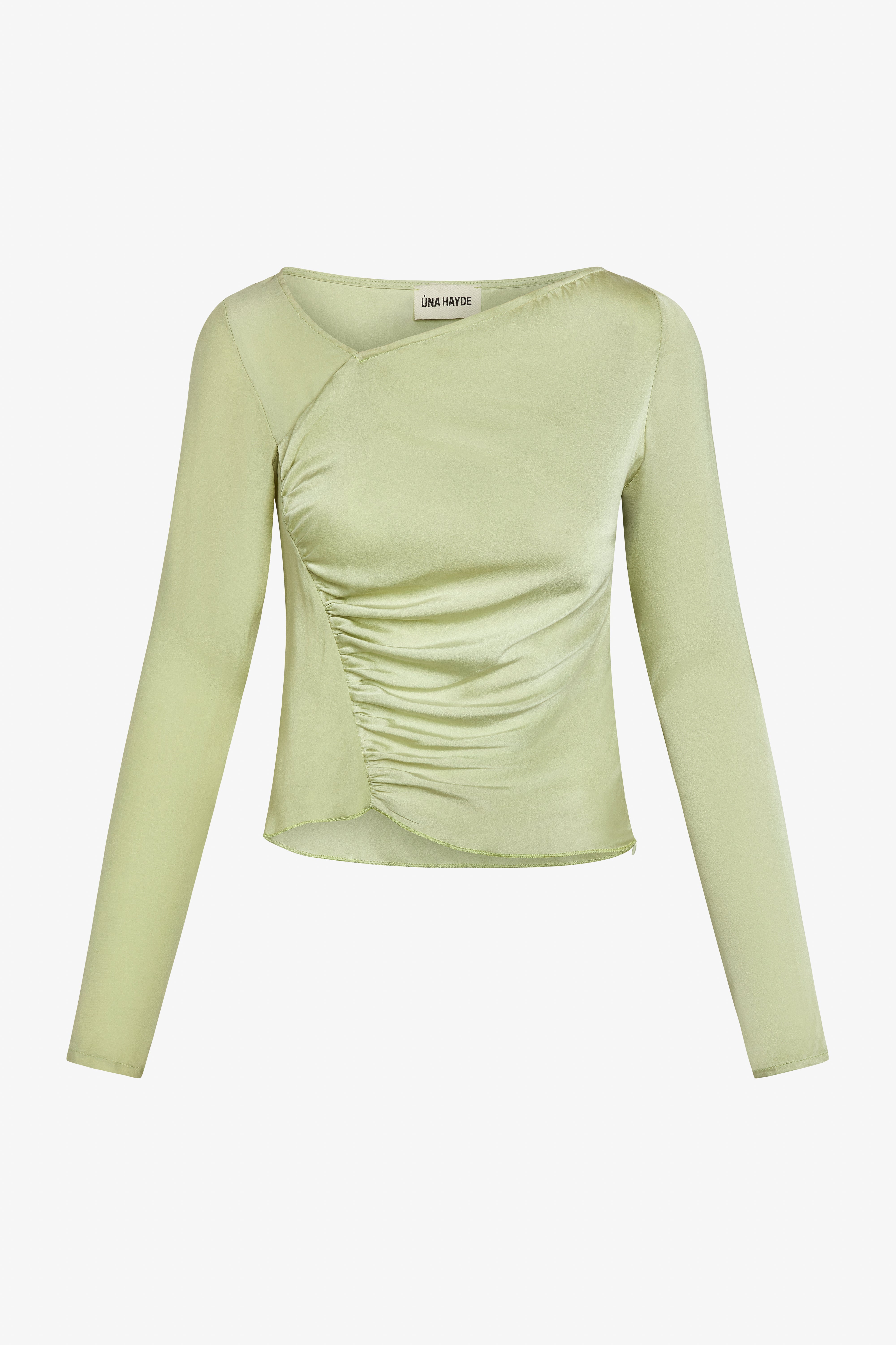 A green long sleeve sustainable top with an asymmetric neckline and a subtle two-tone gathered bodice.