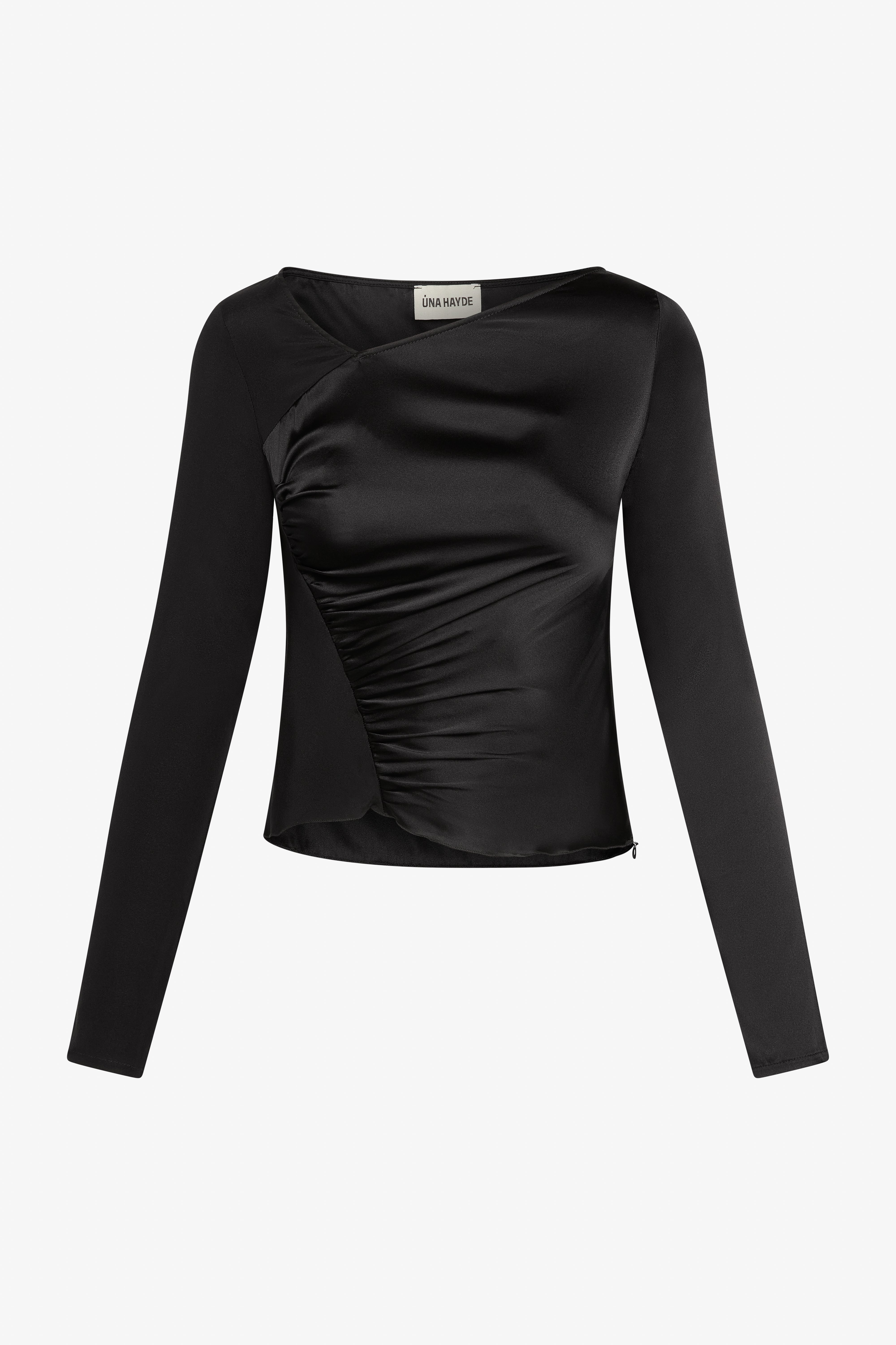 A black sustainable long sleeve top with an asymmetric neckline and a subtle two-tone gathered bodice.