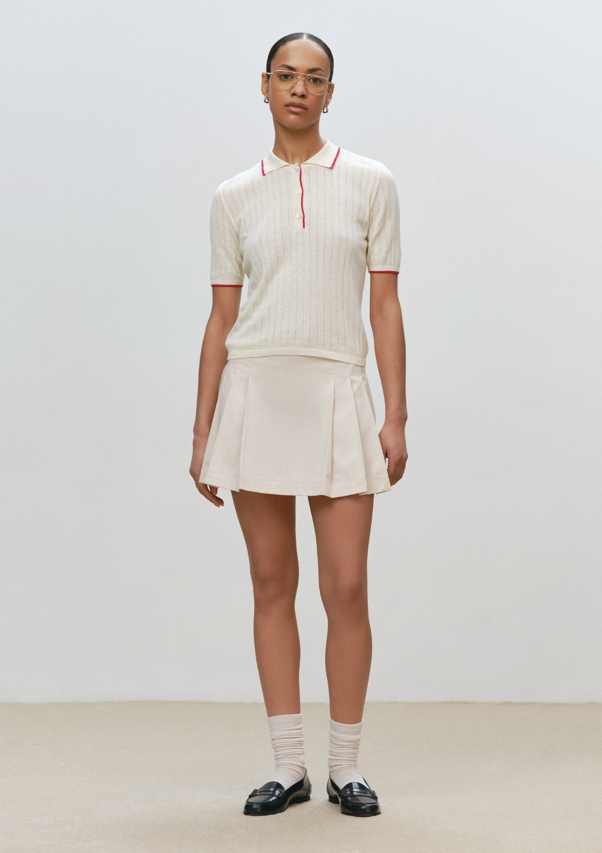 Ribbed Polo Shirt in Beige-Red