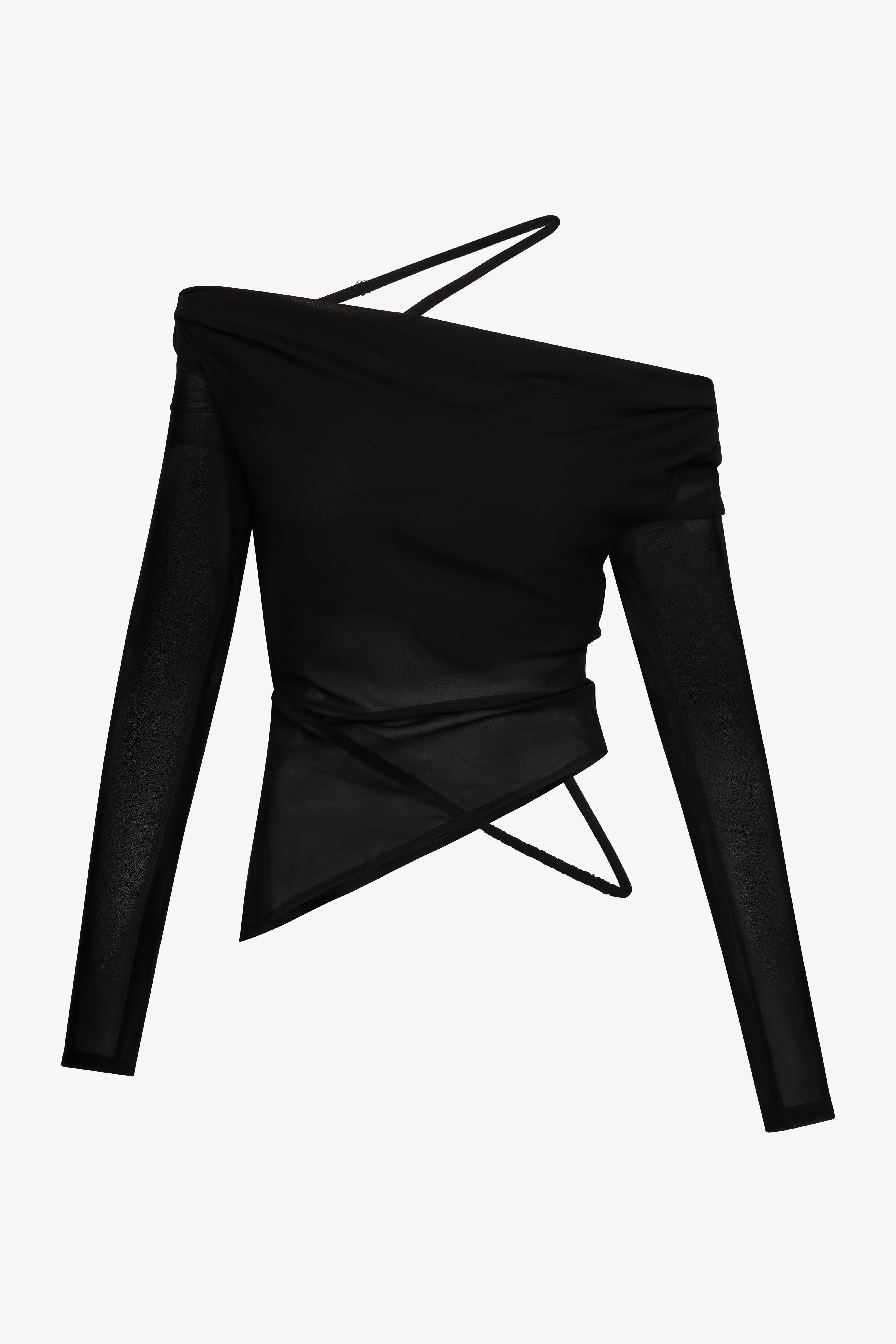 Black asymmetric top with long fitted sleeves and cross-body straps, made from 100% recycled sheer georgette material.