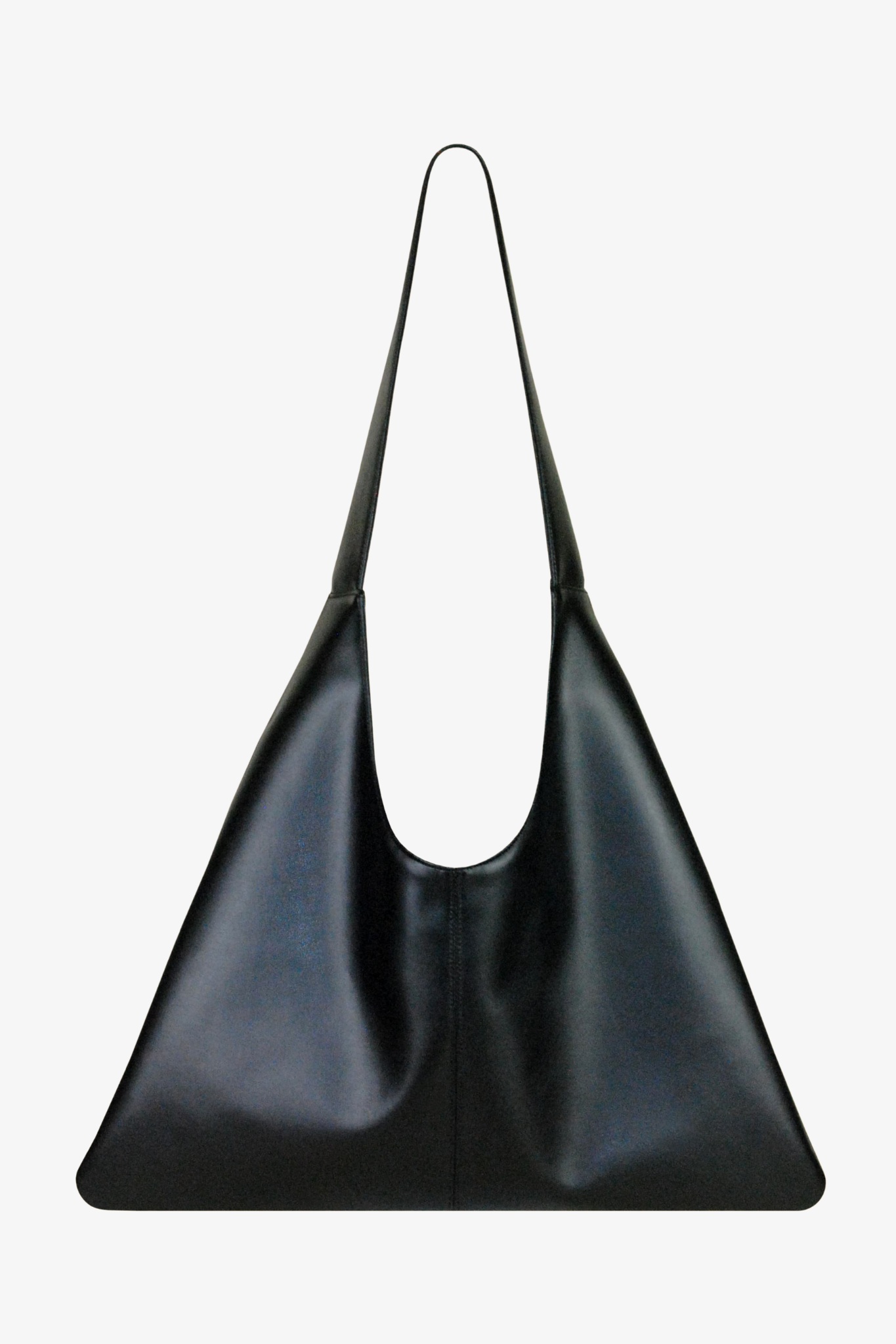 Black sustainable handbag made from cactus leather on a light gray background. Front view.