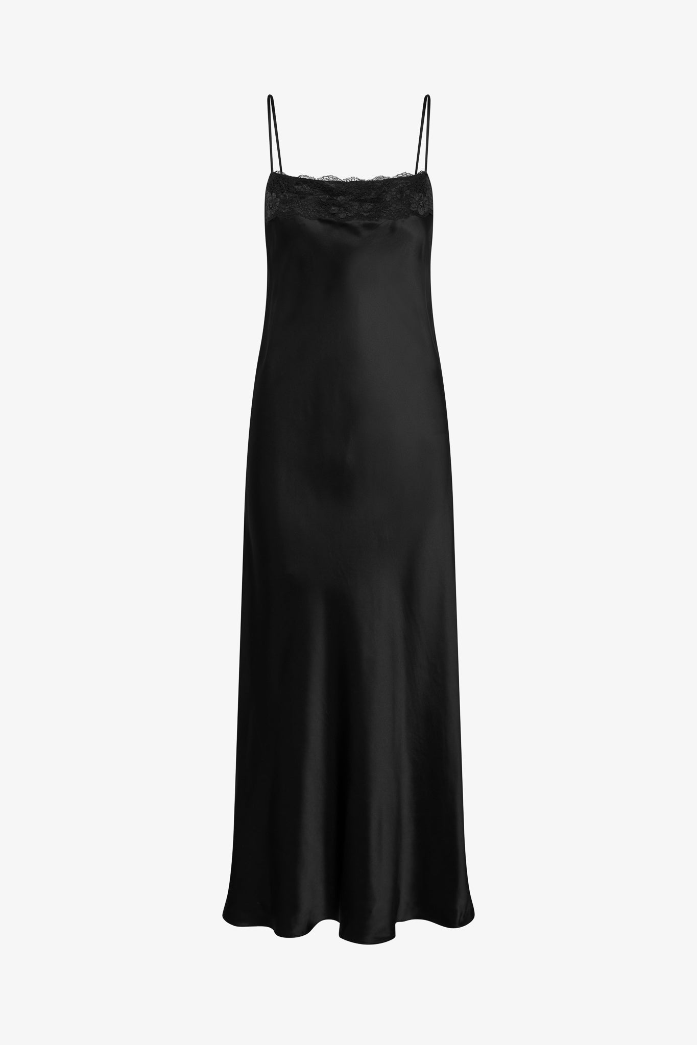 A black, midi-length dress with two shoulder strap, featuring lace detail in a white background. Made from sustainable materials.