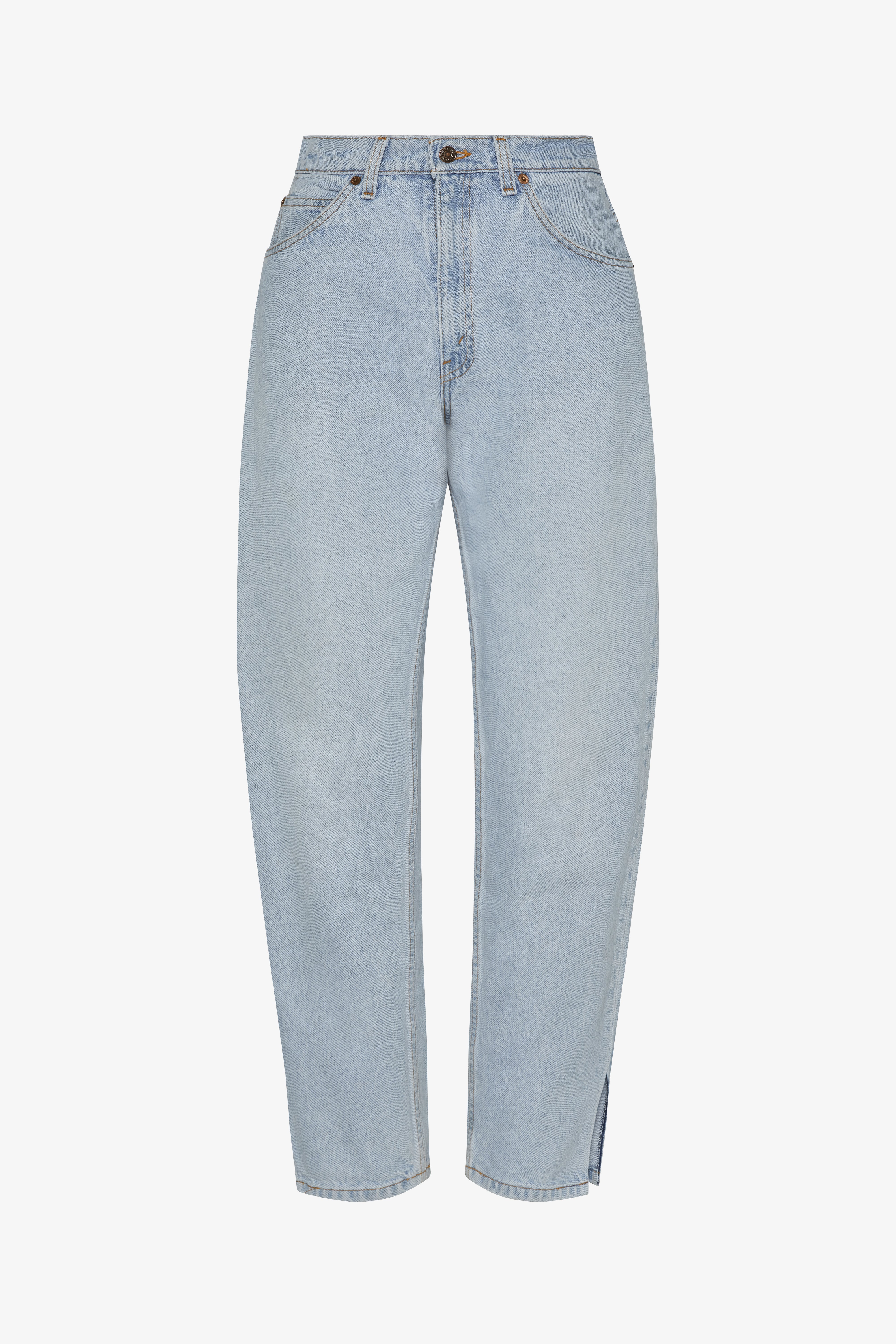 A tilted split customs in a white background. 100% made from repurposed Levi’s.