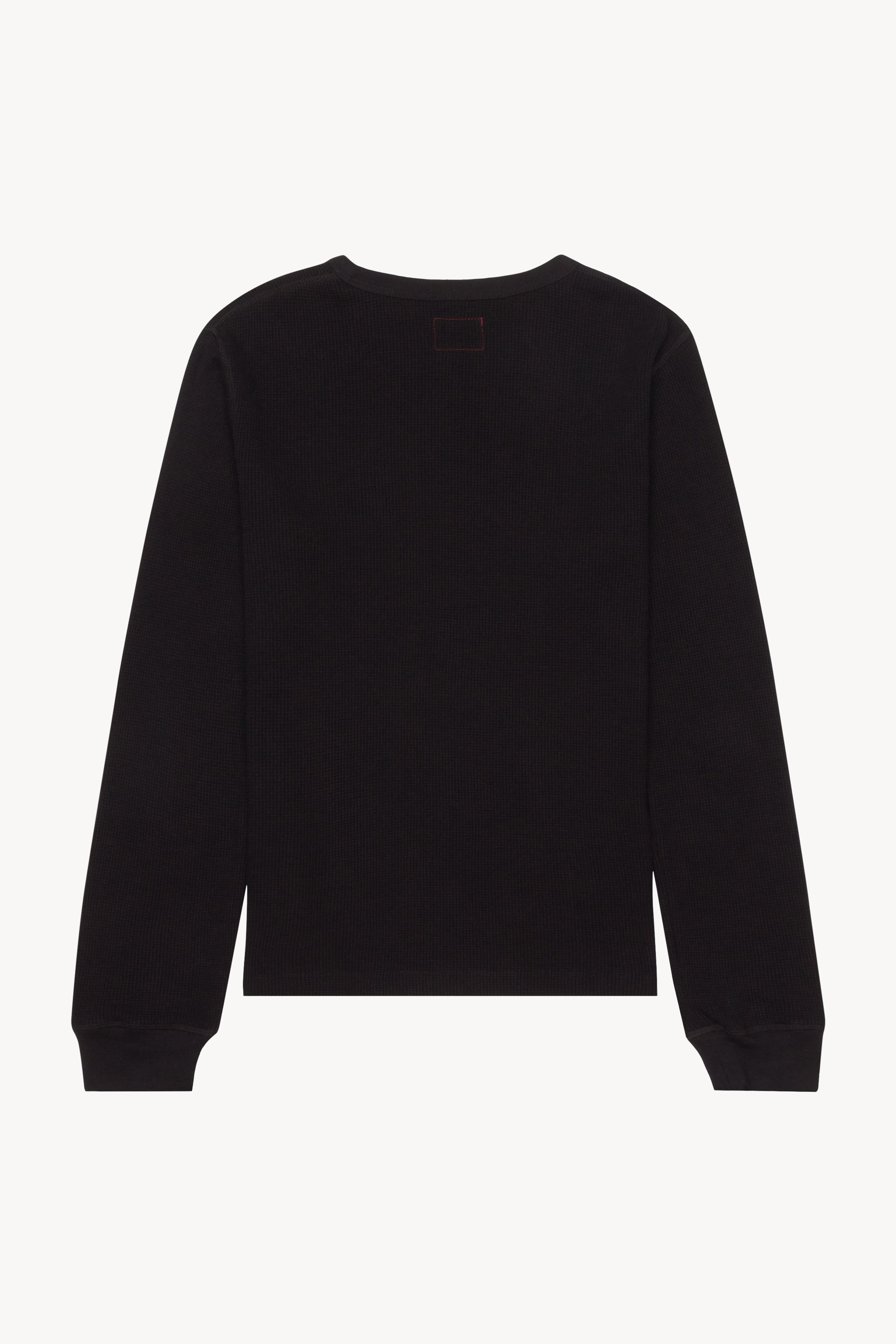 The black anthony waffle l/s in a white background. 100% made from organic grown cotton.