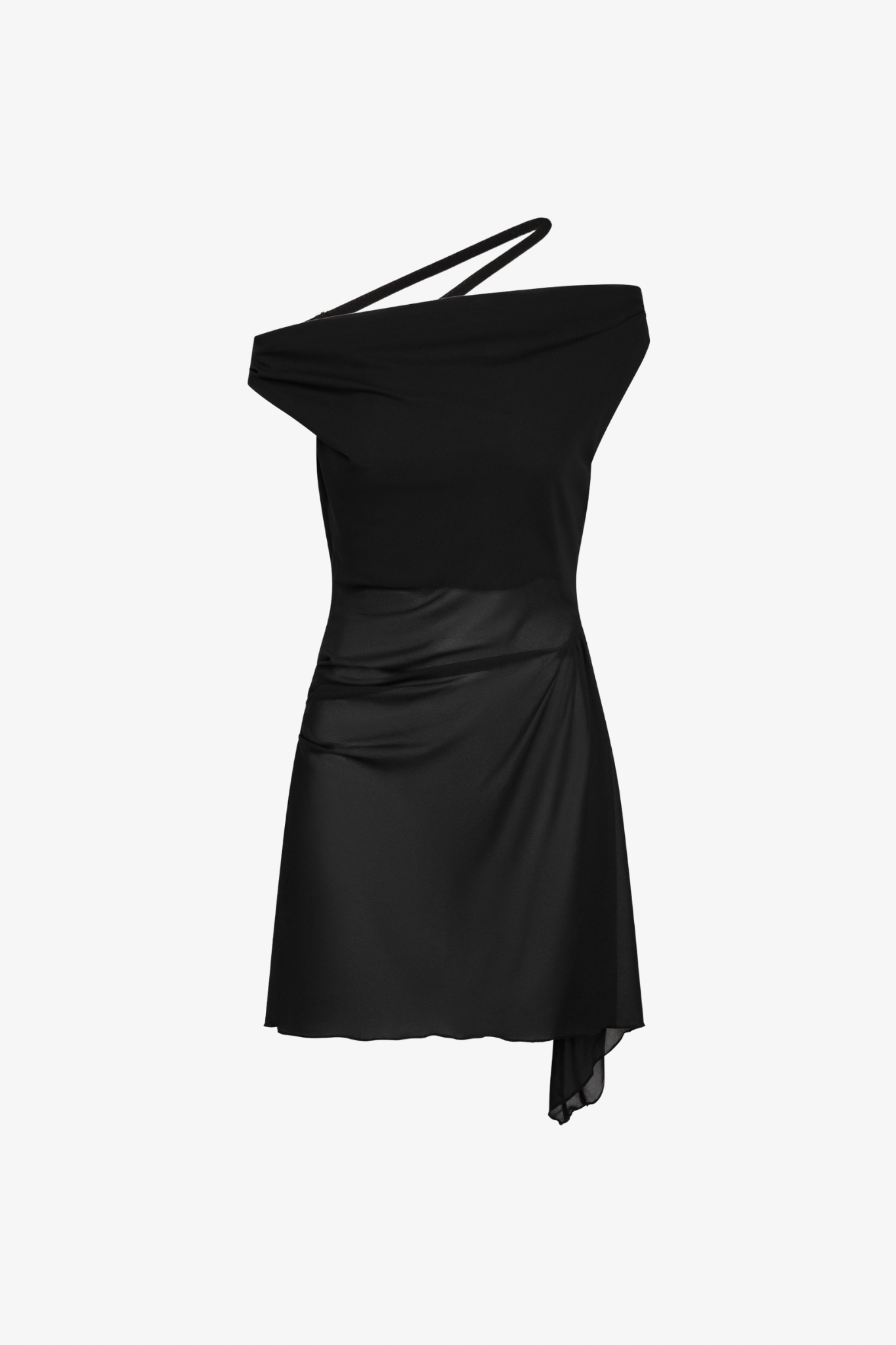 A black, mid-length dress with one shoulder strap and a asymmetric neckline, featuring a partially see-through design. Made from sustainable deadstock materials.