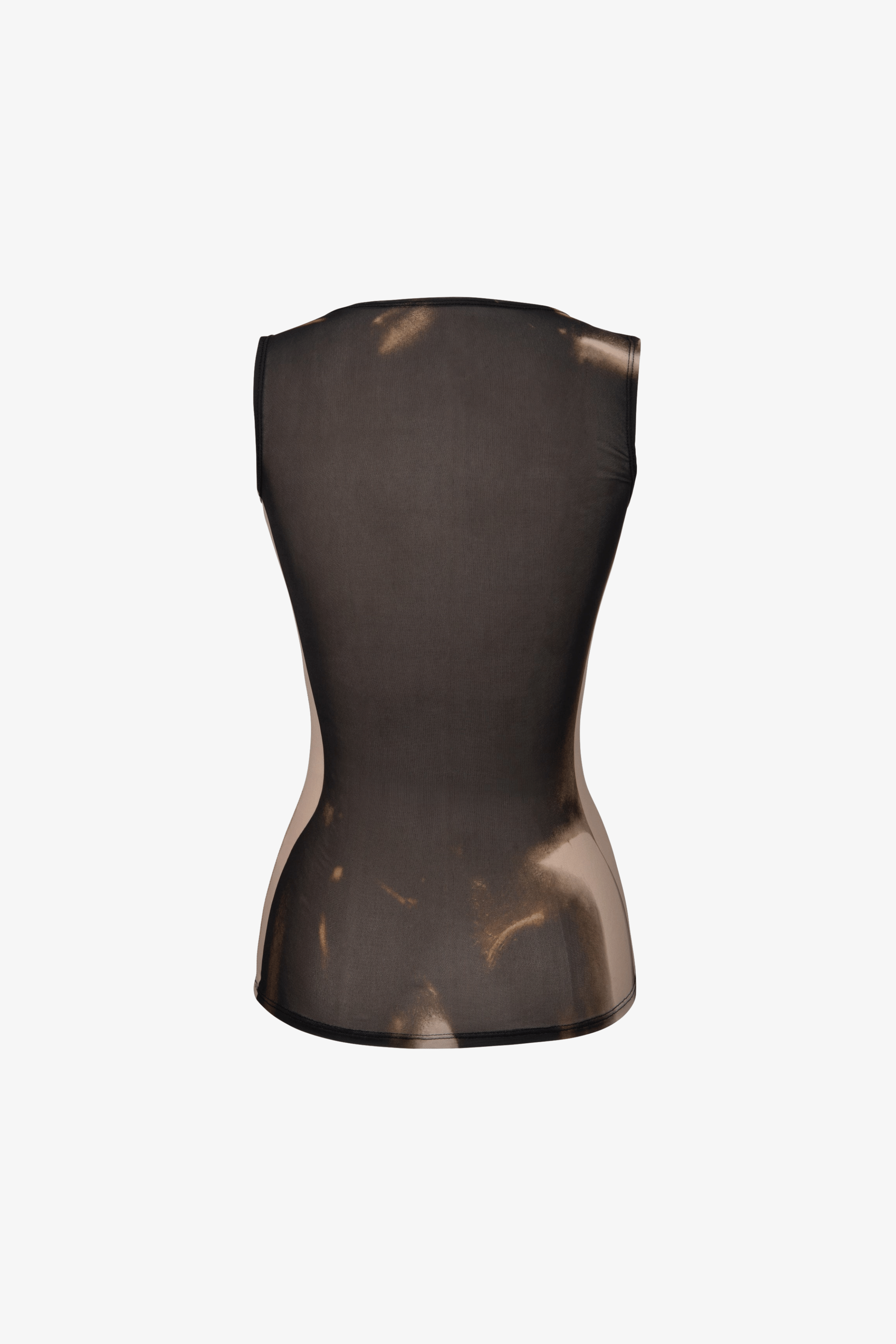 Sheer black sustainable top on a white background.