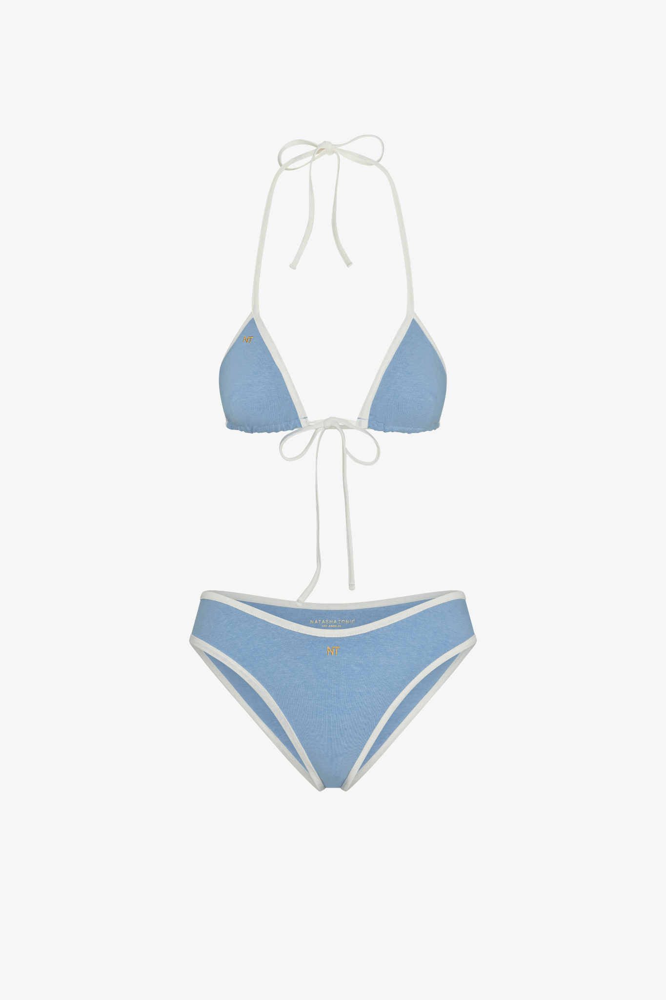Blue sustainable bikini set with white trim on a white background