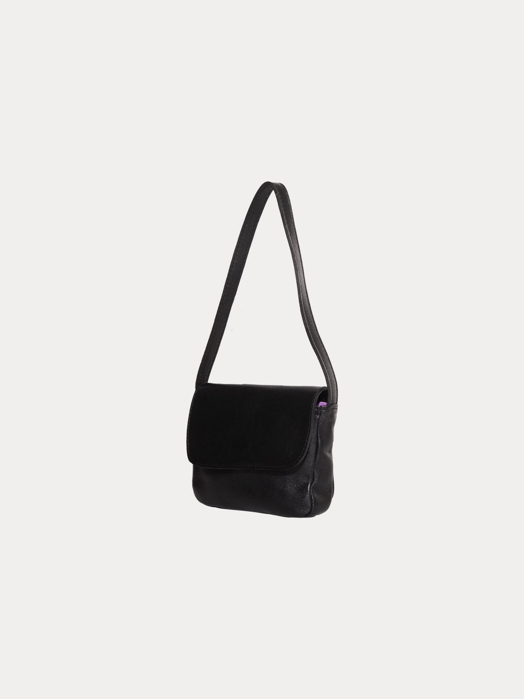 The baby black matte bag in a white background. 100% made from deadstock leather.