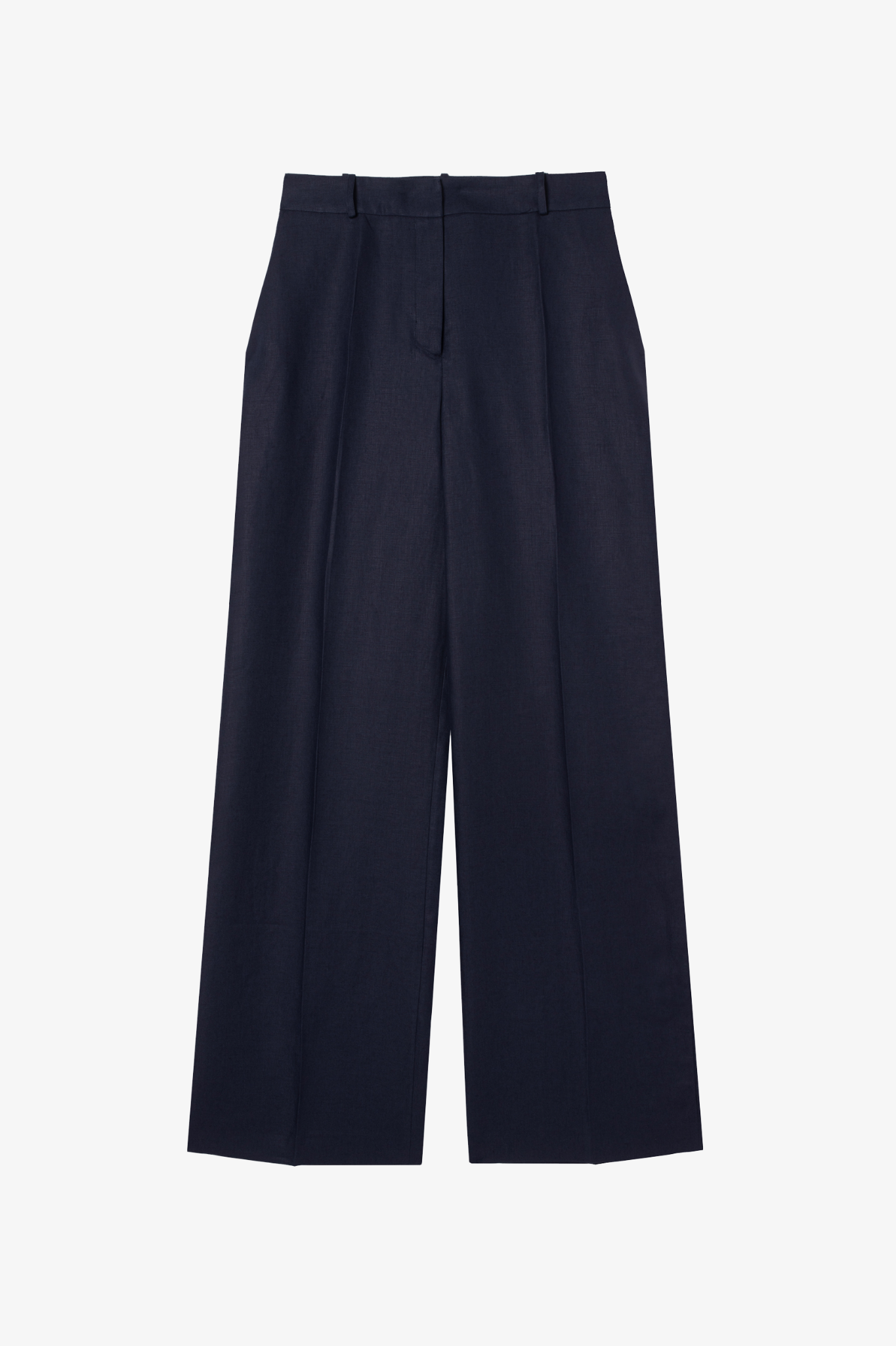 The bianca navy blue pants in a white background. 100% upcycled GOTS certified linen.