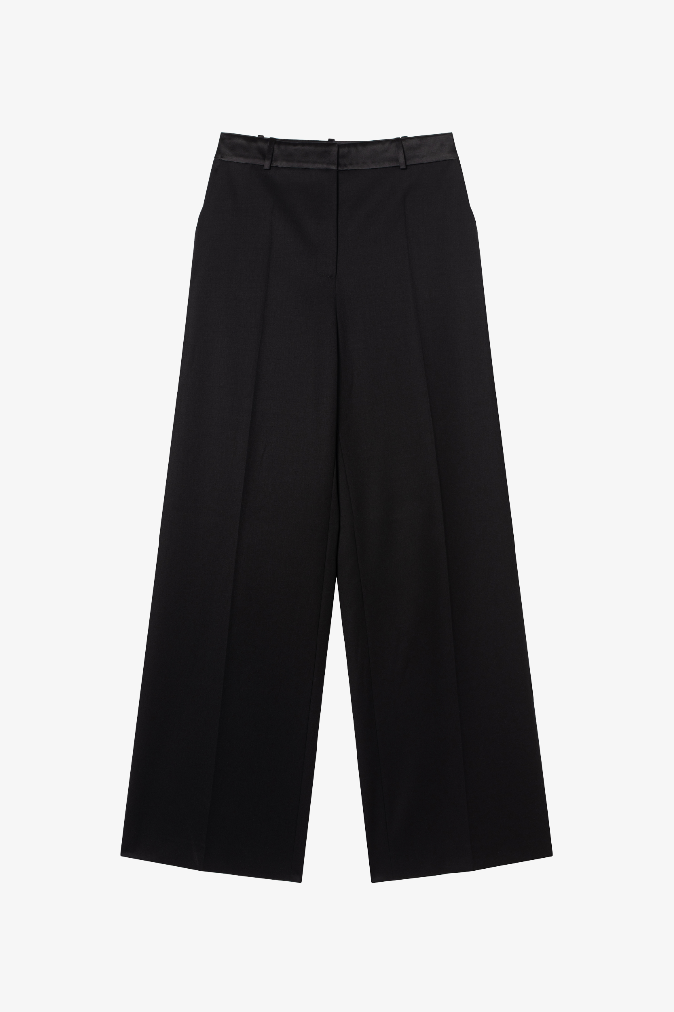 The bianca wool and satin smoking pants in a white background. 100% upcycled wool and silk mix.