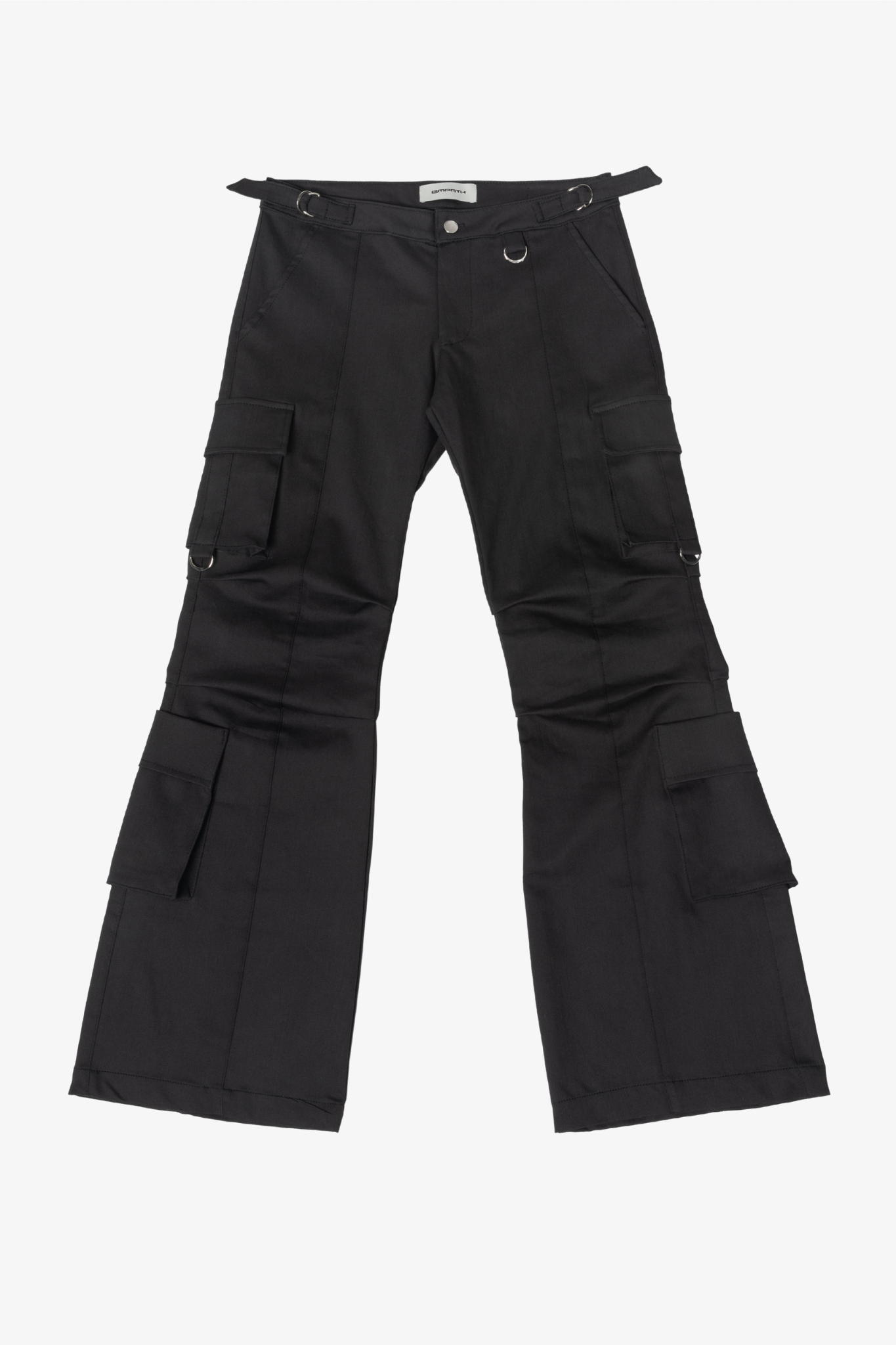 The bootcut cargo pants in a white background. 100% deadstock, in a breathable cotton-poly twill.