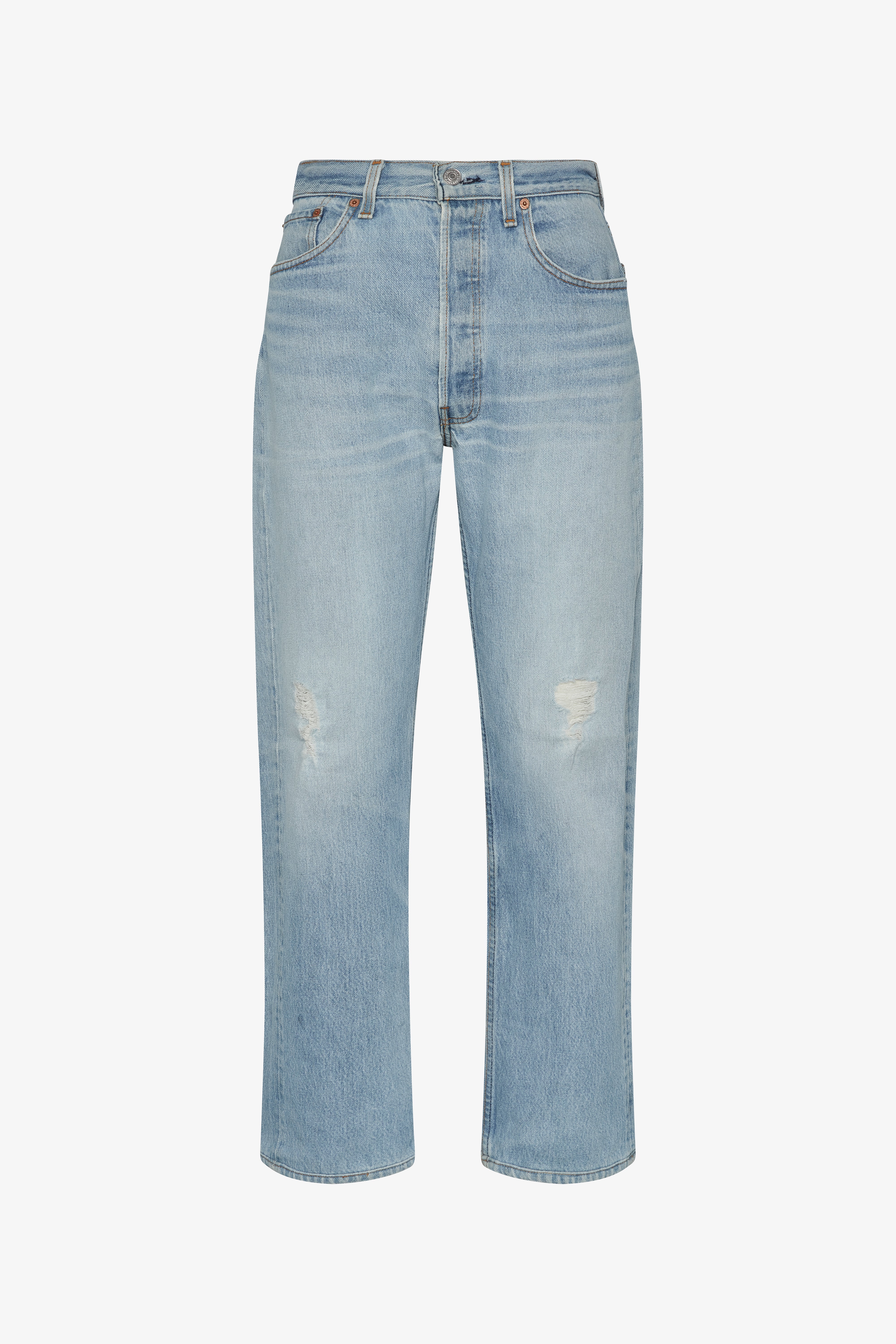 The Brigette baggy customs in a white background. 100% made from repurposed Levi’s.