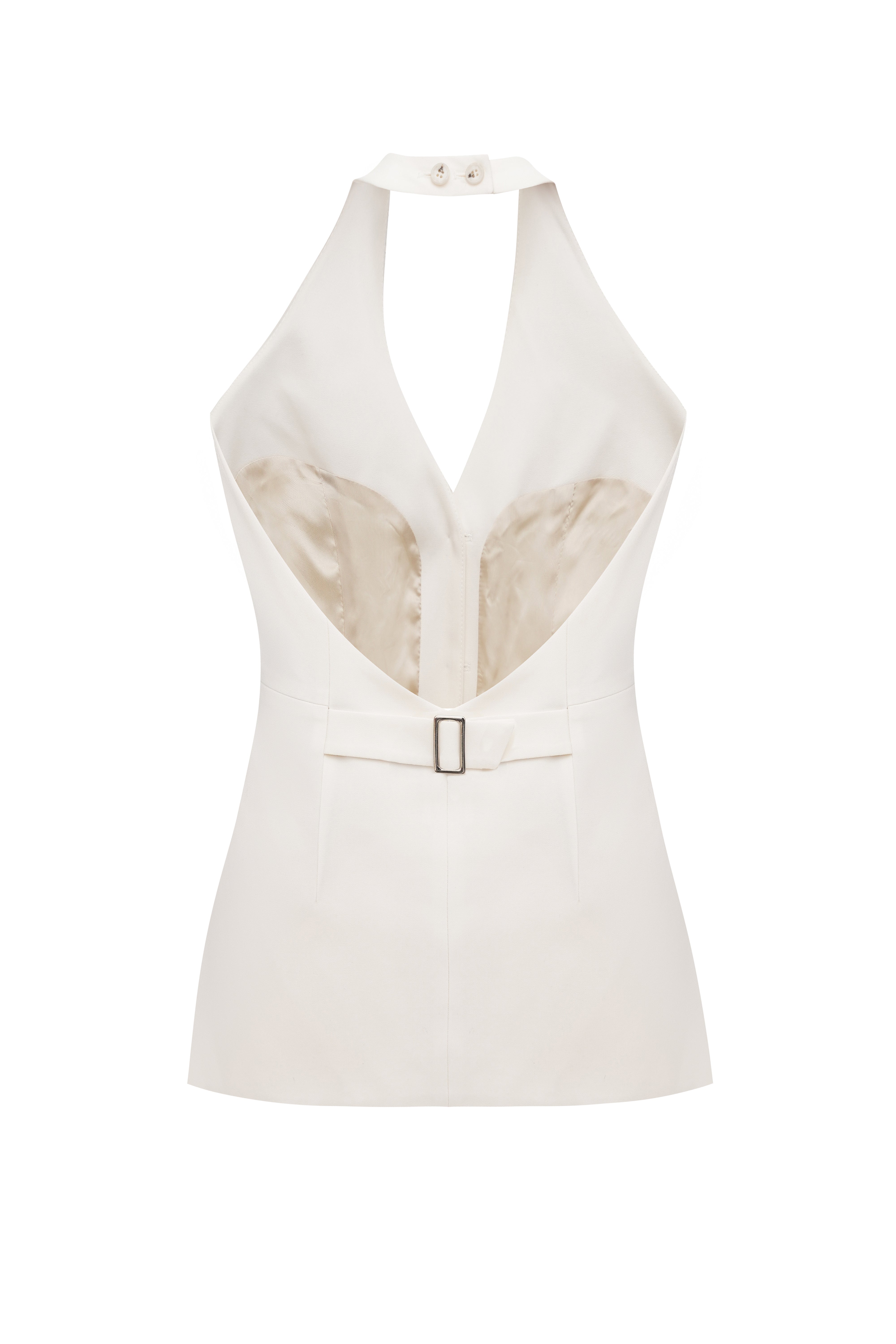 A back view of the chelsea top in a white background. 100% sustainable Italian Wool.