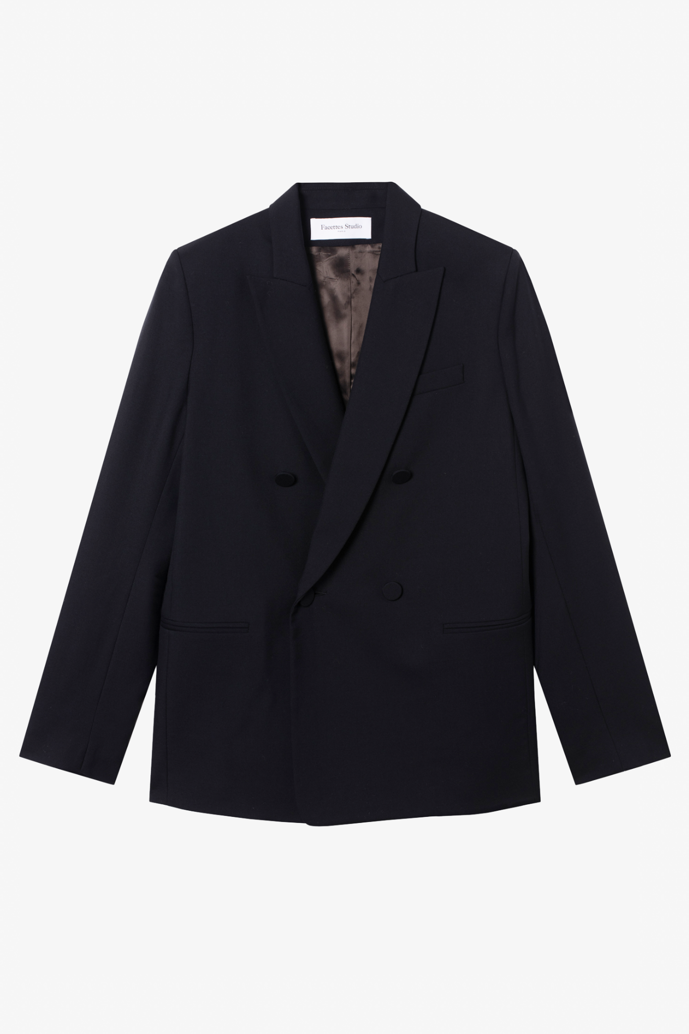 The Christy Charcoal Wool Twill Jacket in a white background. 100% upcycled wool.