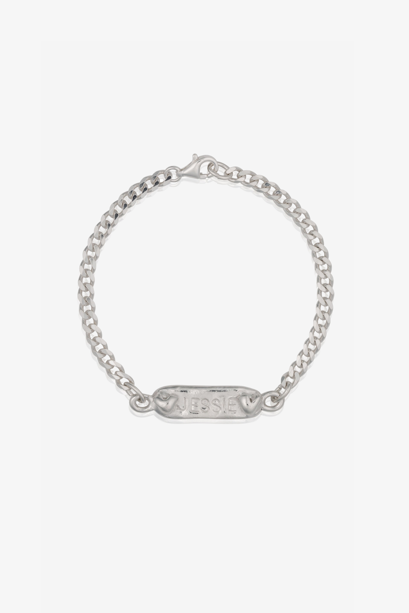The custom name bracelet in a white background. Made from 100% recycled metals and lab created gemstones.
