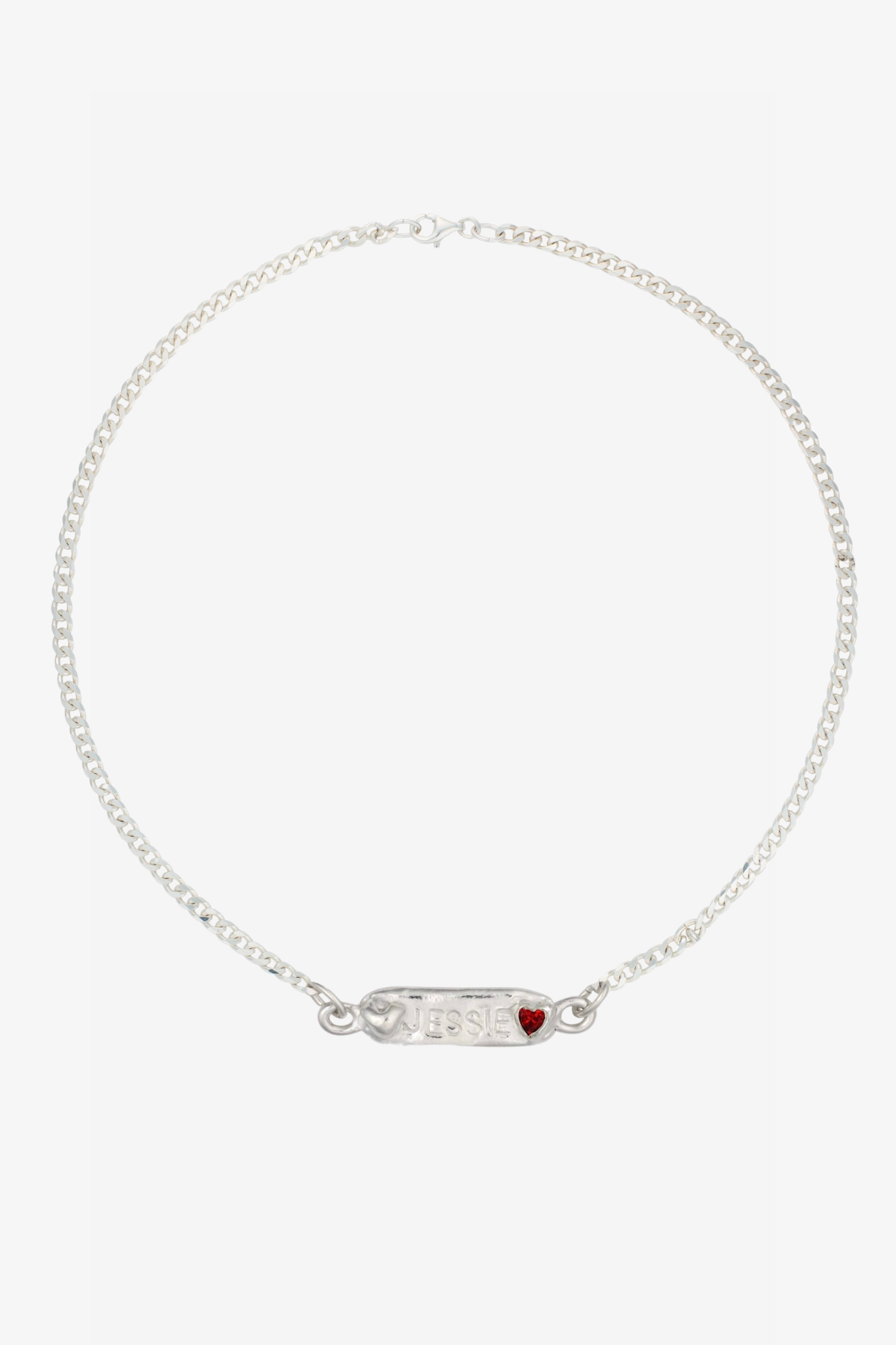 The custom name necklace in a white background. Made from 100% recycled metals and lab created gemstones.