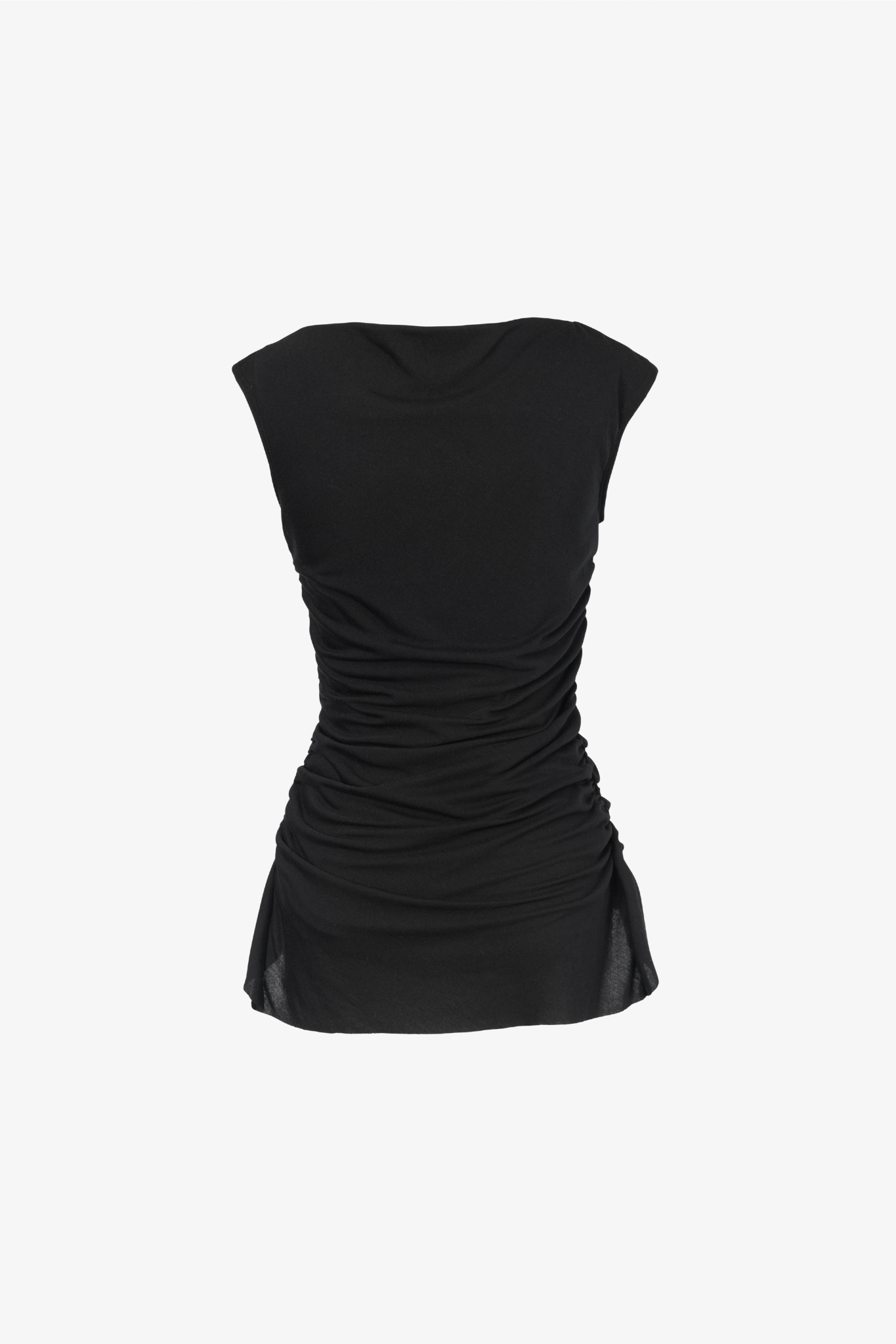 A black draped top with a boat-neck neckline, side ruching, and a high-low hemline, displayed against a plain background. Made from deadstock fabric.