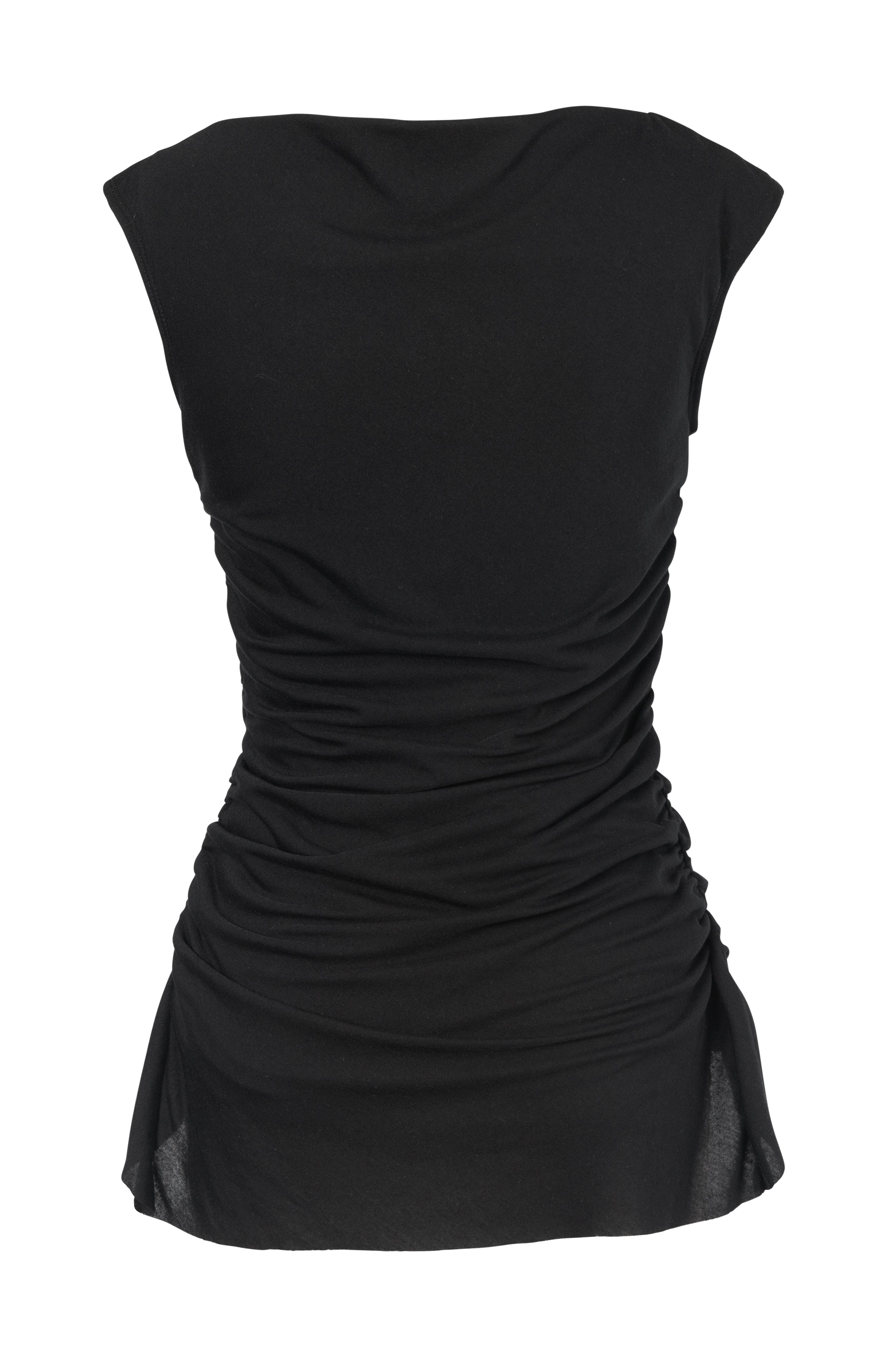 A black draped top with a boat-neck neckline, side ruching, and a high-low hemline, displayed against a plain background. Made from deadstock fabric.