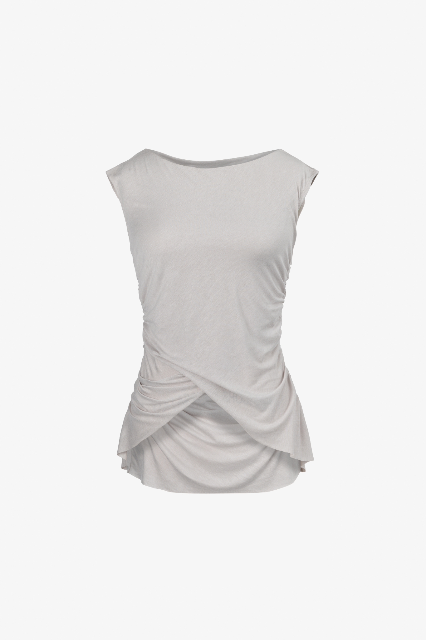 A boat-neck top with a subtle back cowl neckline, side ruching, and a high-low hemline in a bone color. Made from 100% deadstock fabric.