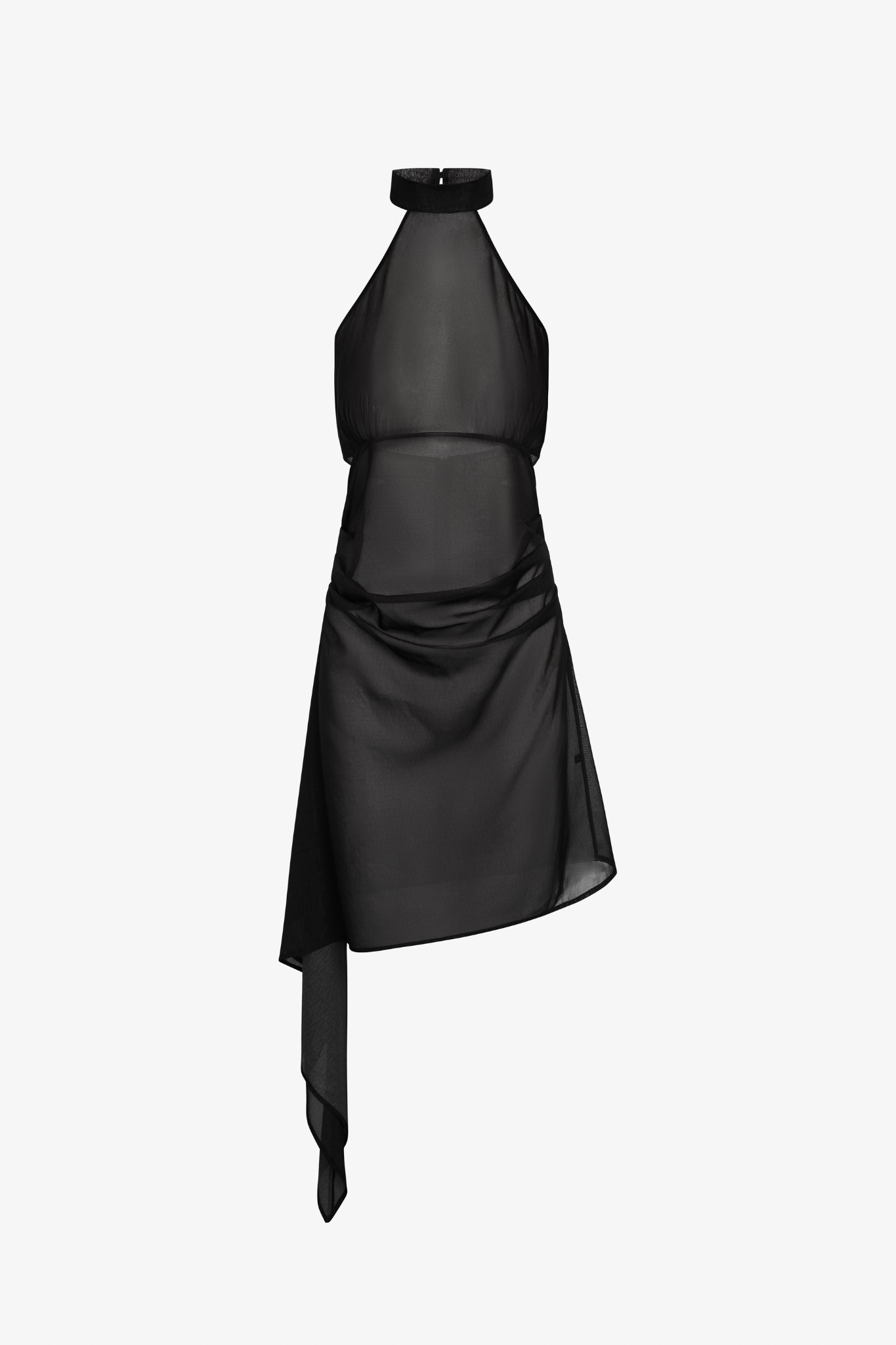 A long, black, halter-neck dress with an asymmetrical cut and a small train, made from deadstock, sustainable silk material.