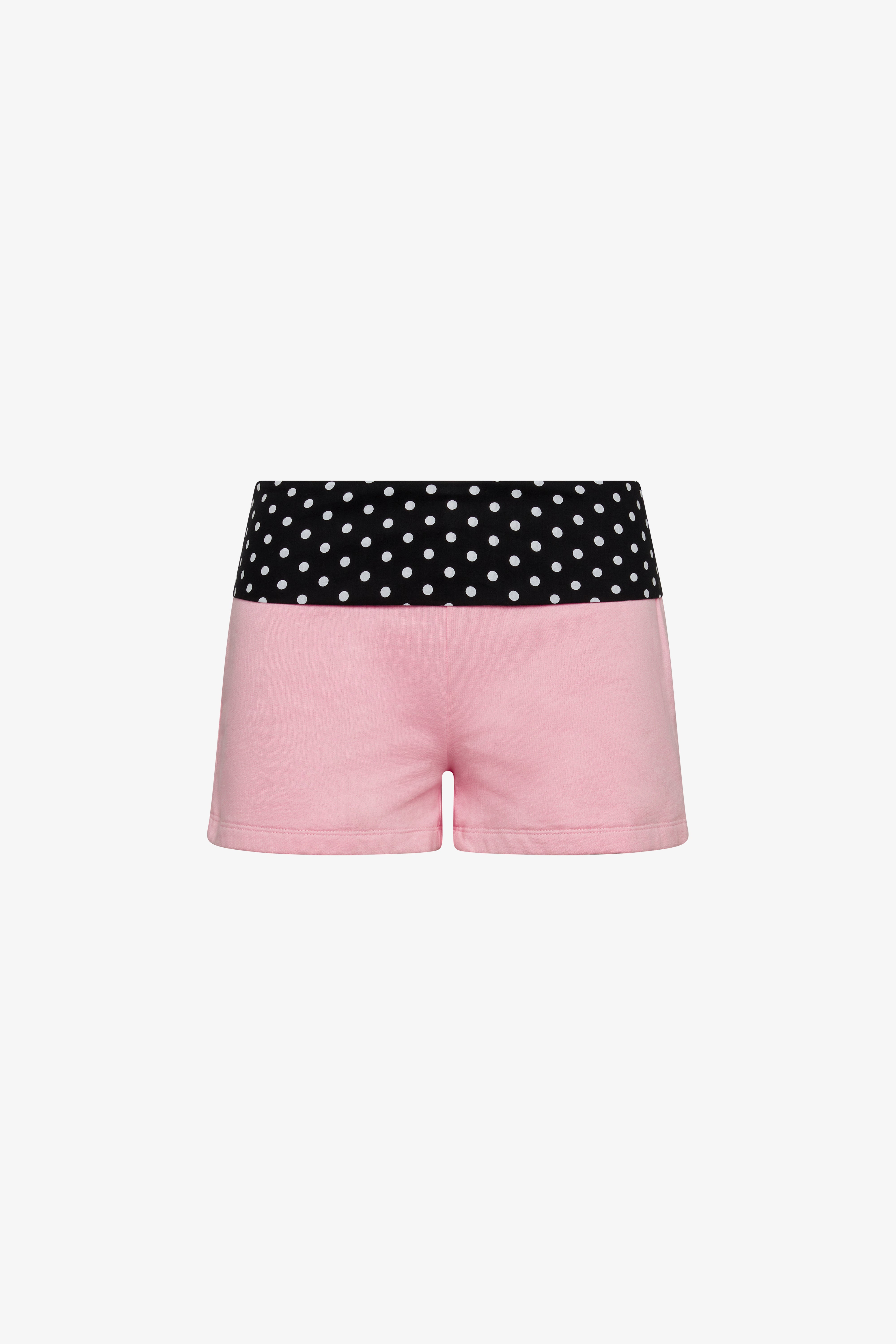 The pink georgie fold over short in a white background. 100% made from deadstock sustainable cotton.