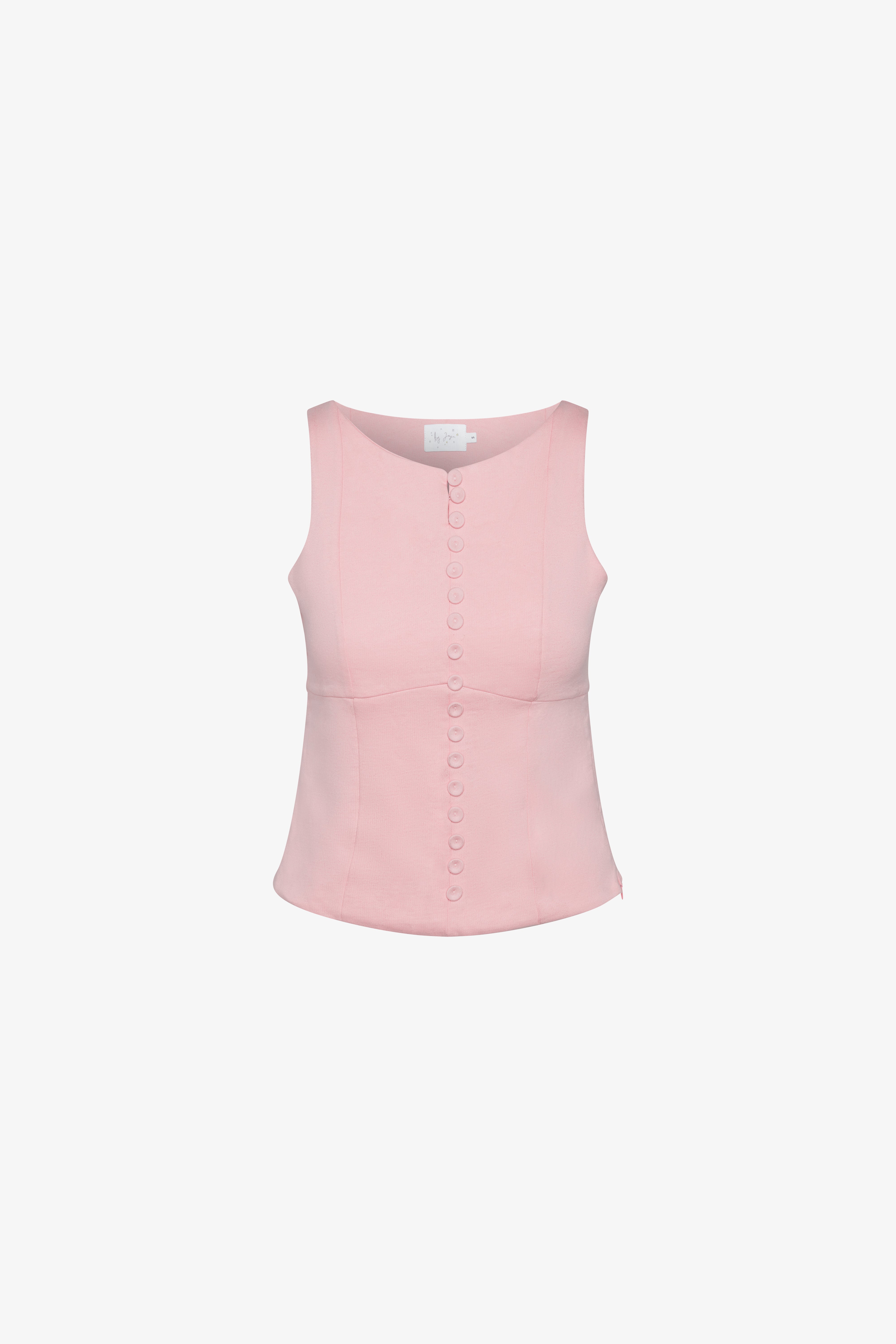 The pink Georgie top in a white background. 100% made from deadstock sustainable cotton.