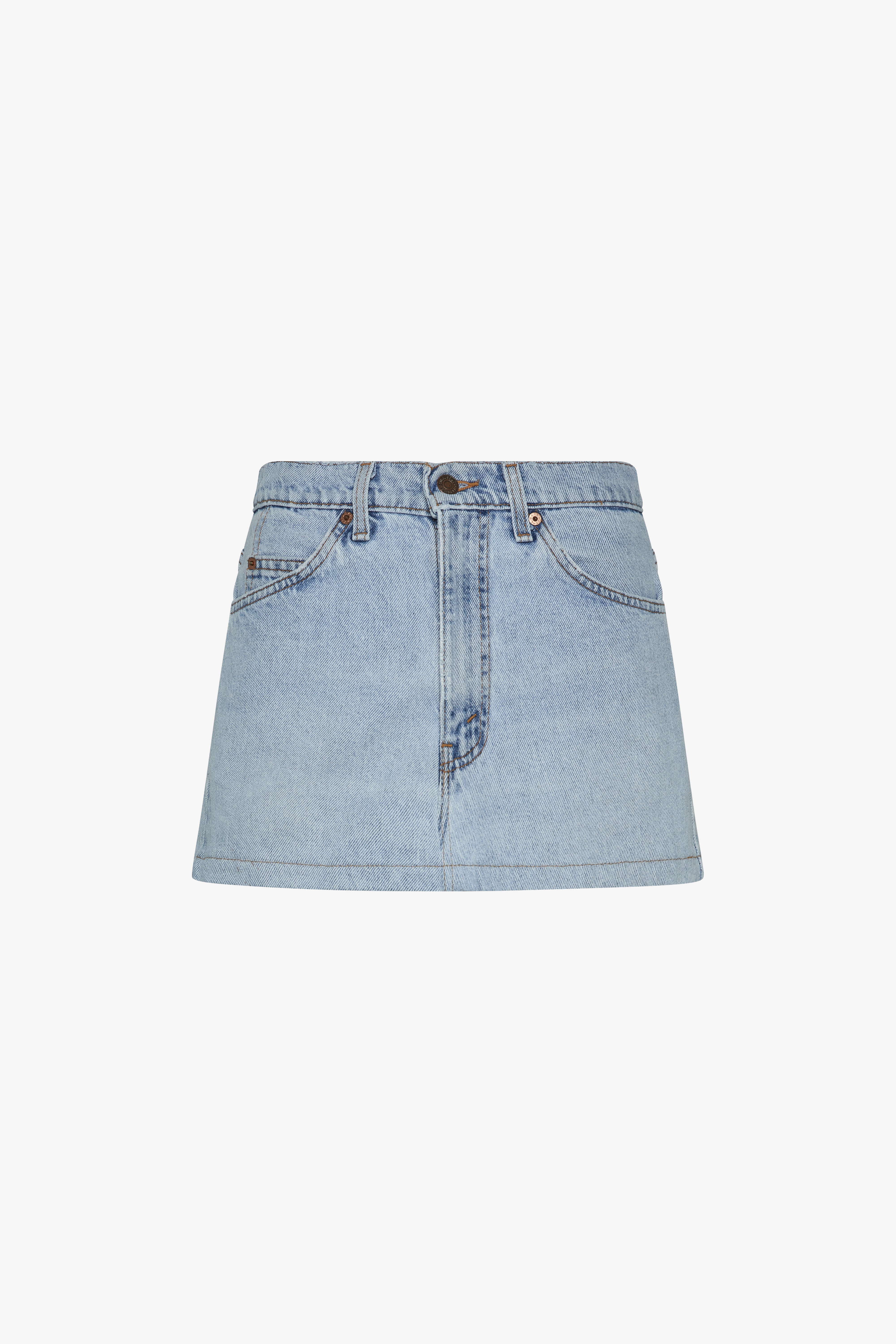 The hemmed mini skirt in a white background. 100% made from repurposed Levi’s.