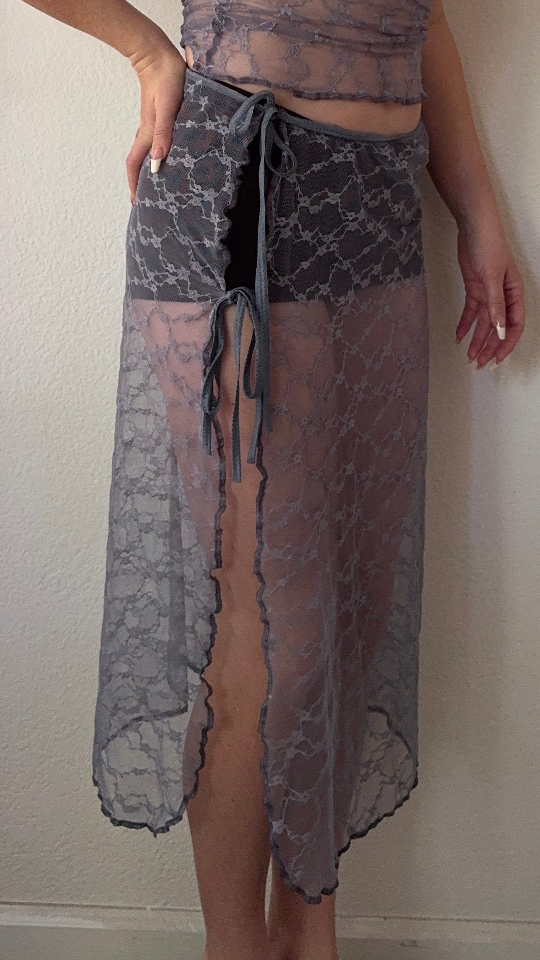 The Lace Tie Midi Skirt - Blue Grey