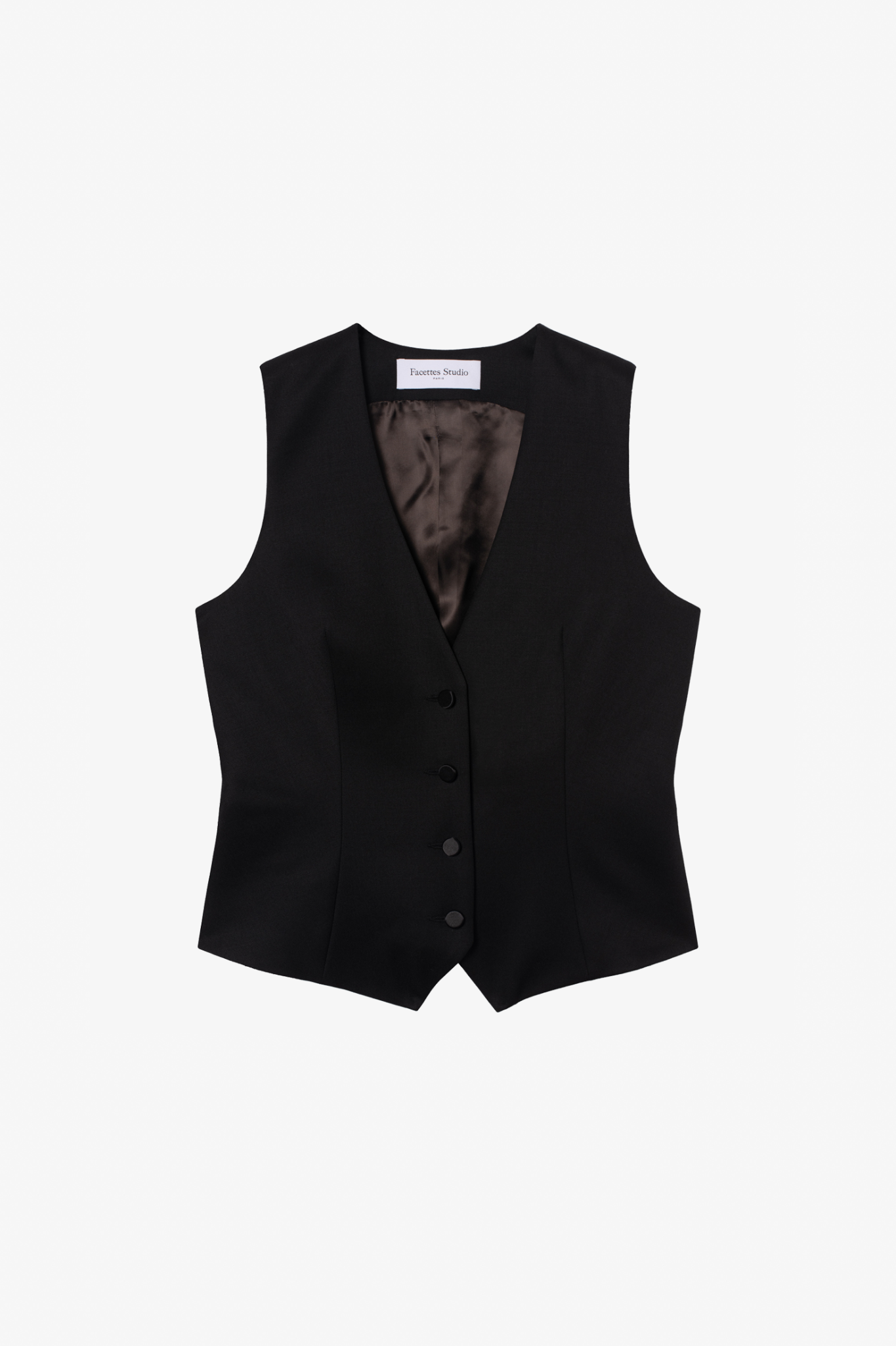 The kate wool and black satin vest in a white background. 100% upcycled wool and satin.
