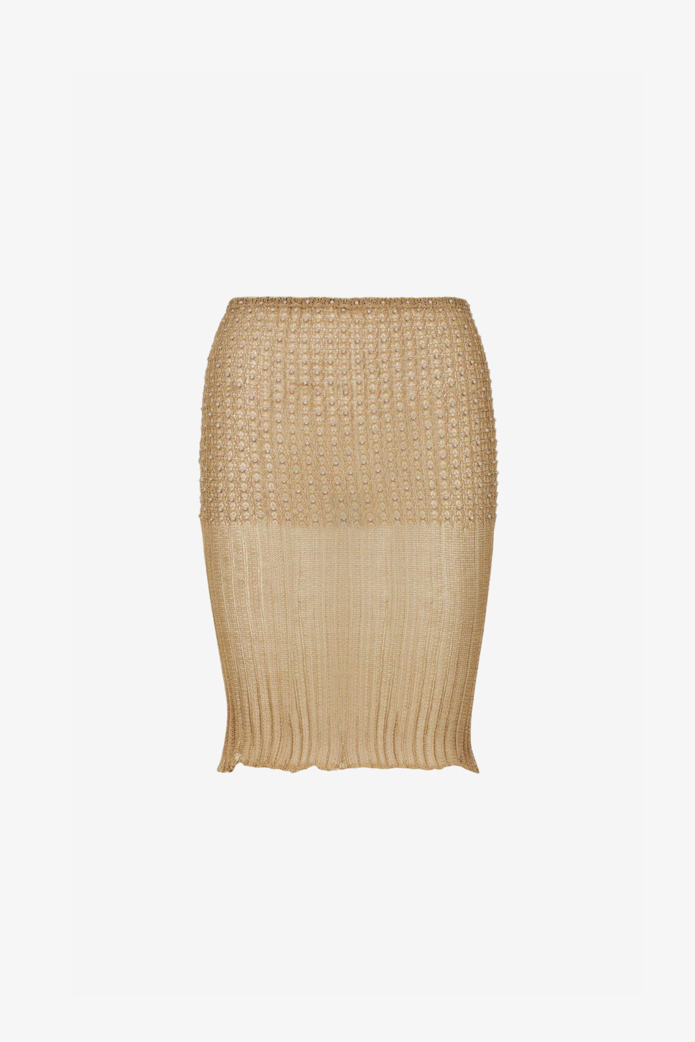 The kie skirt in a white background. 100% beige cotton knit.