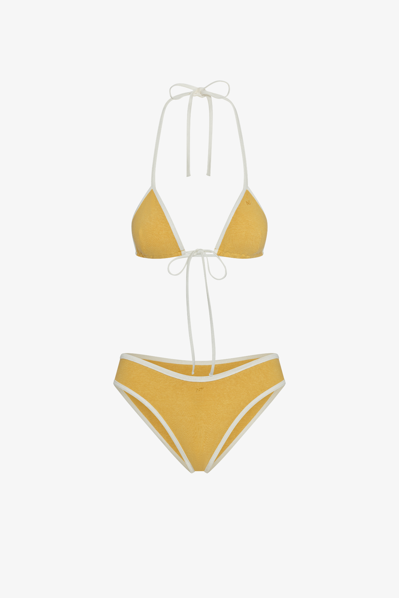 Yellow sustainable bikini set with white straps on a white background