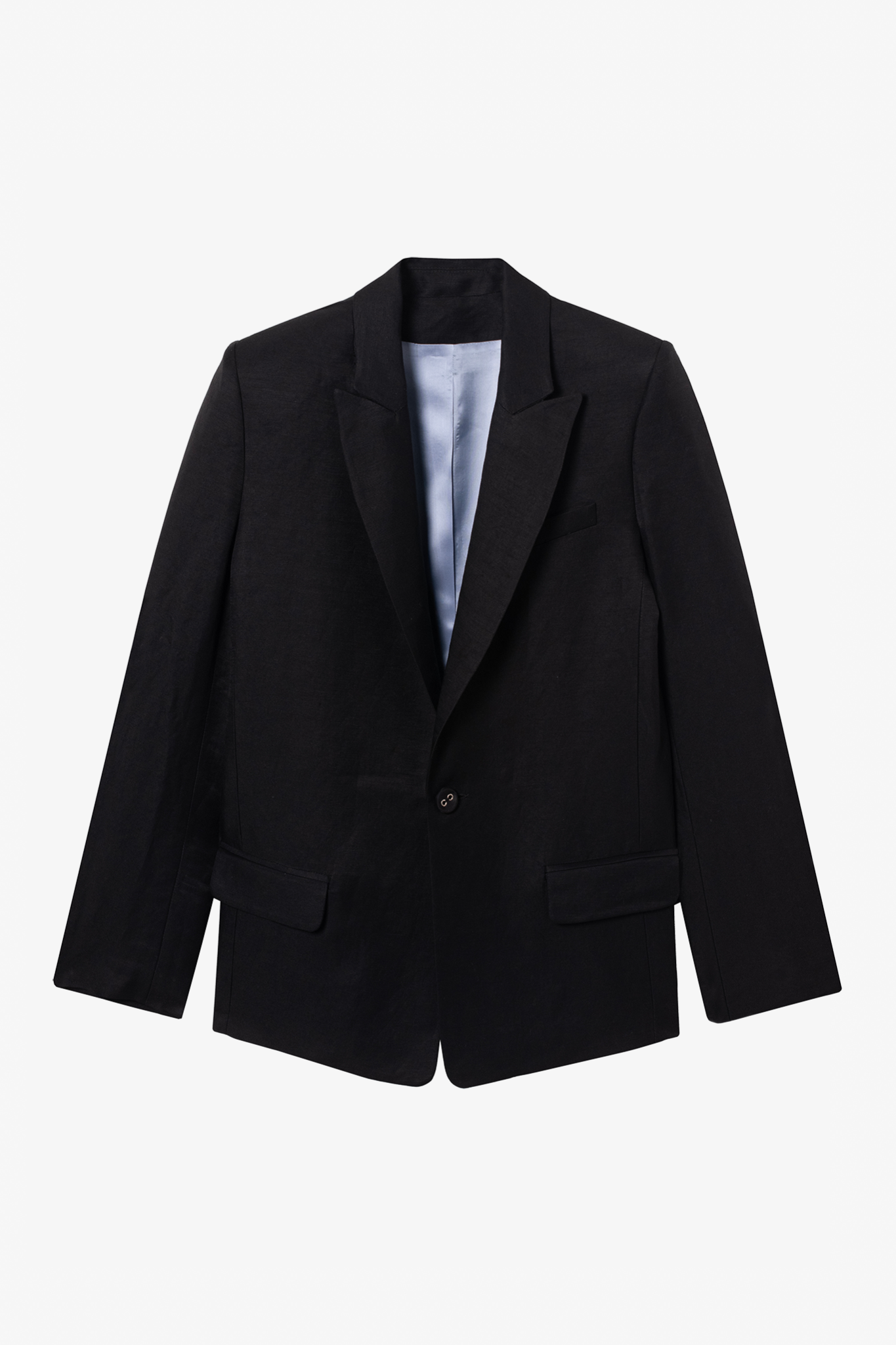 The lauren black linen twill blazer in a white background. 100% upcycled GOTS certified linen.