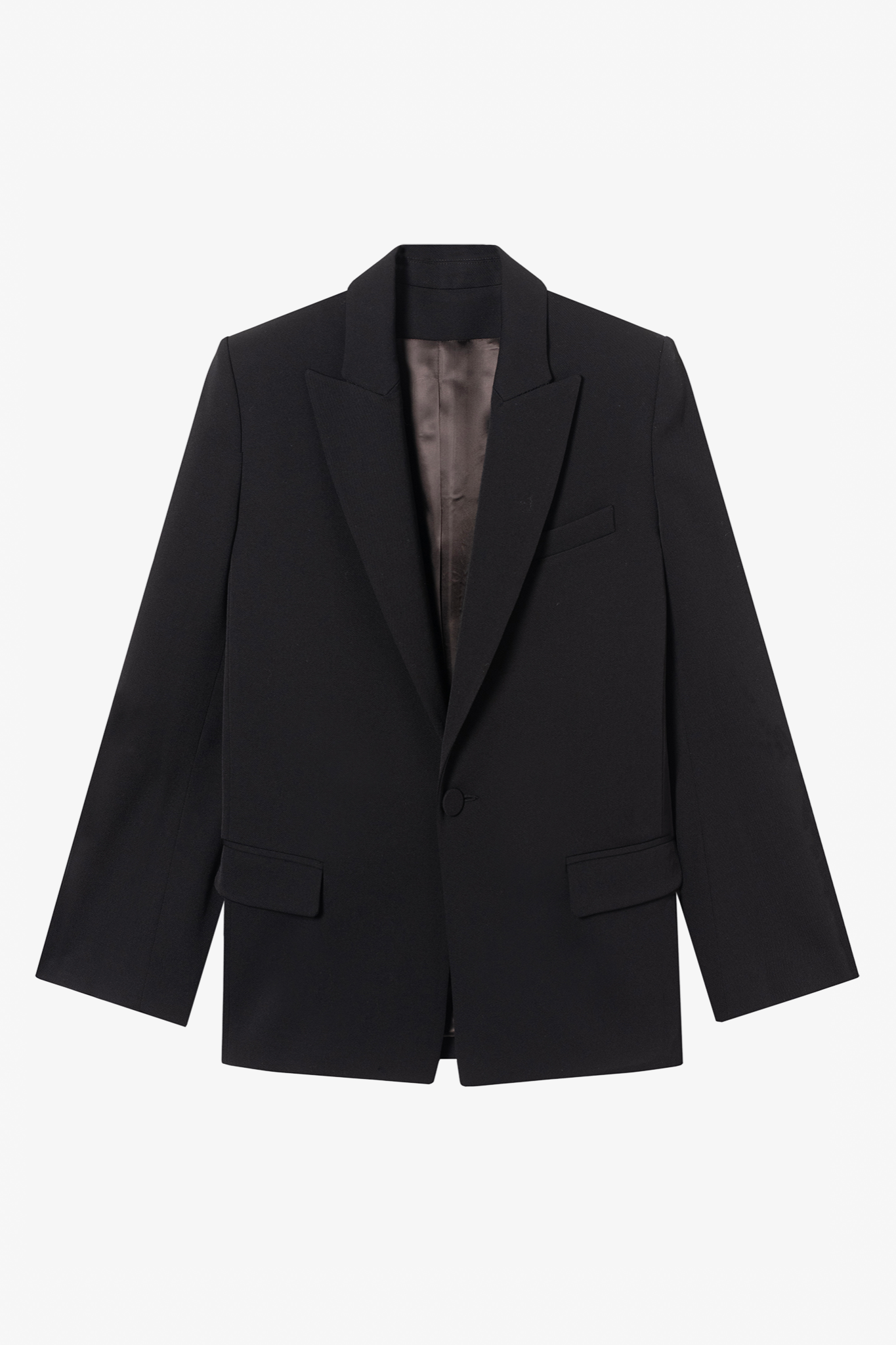 The lauren black wool gabardine blazer in a white background. 100% made from sustainable upcycled wool.