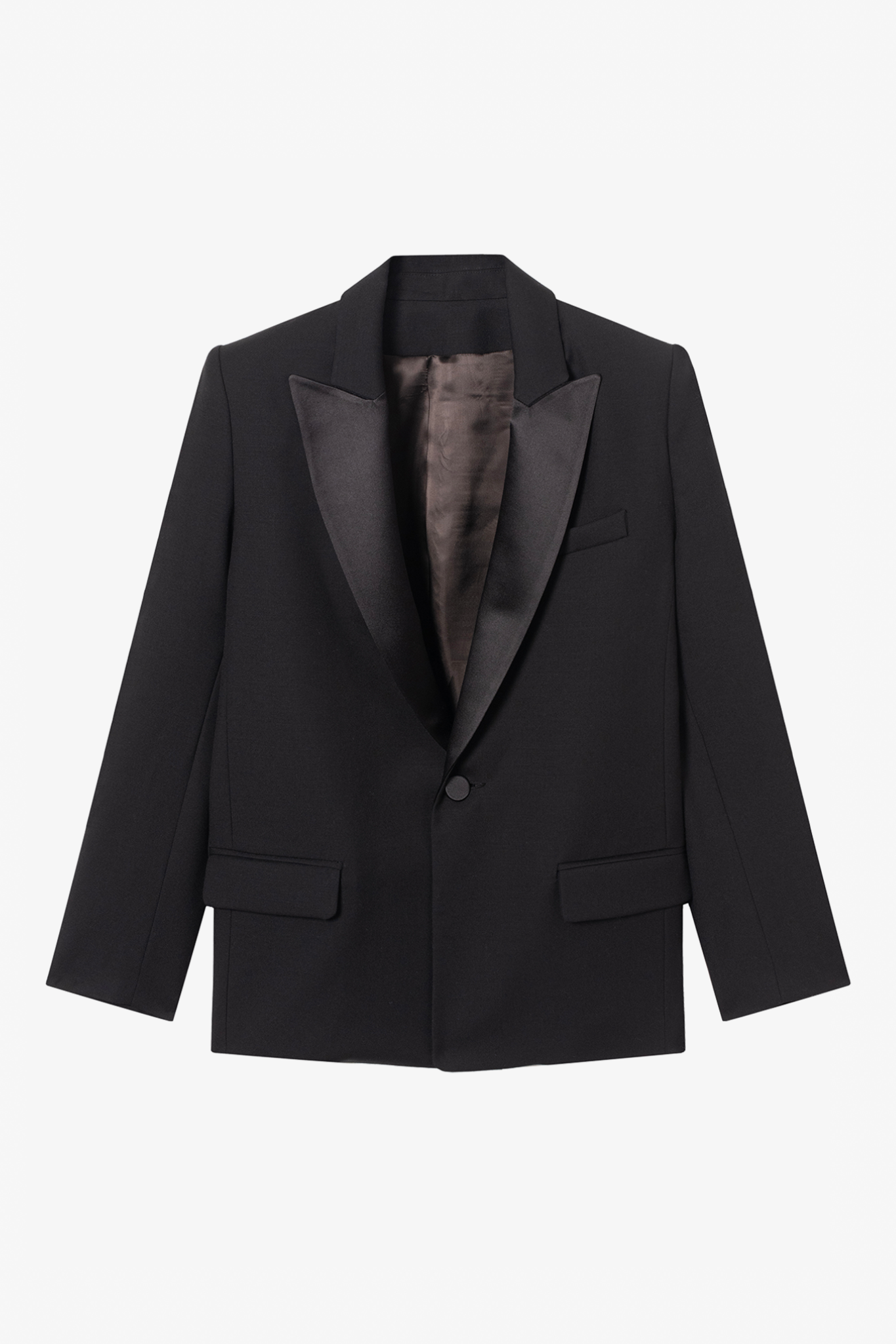 The lauren black wool tuxedo blazer in a white background. 100% made from sustainable wool.