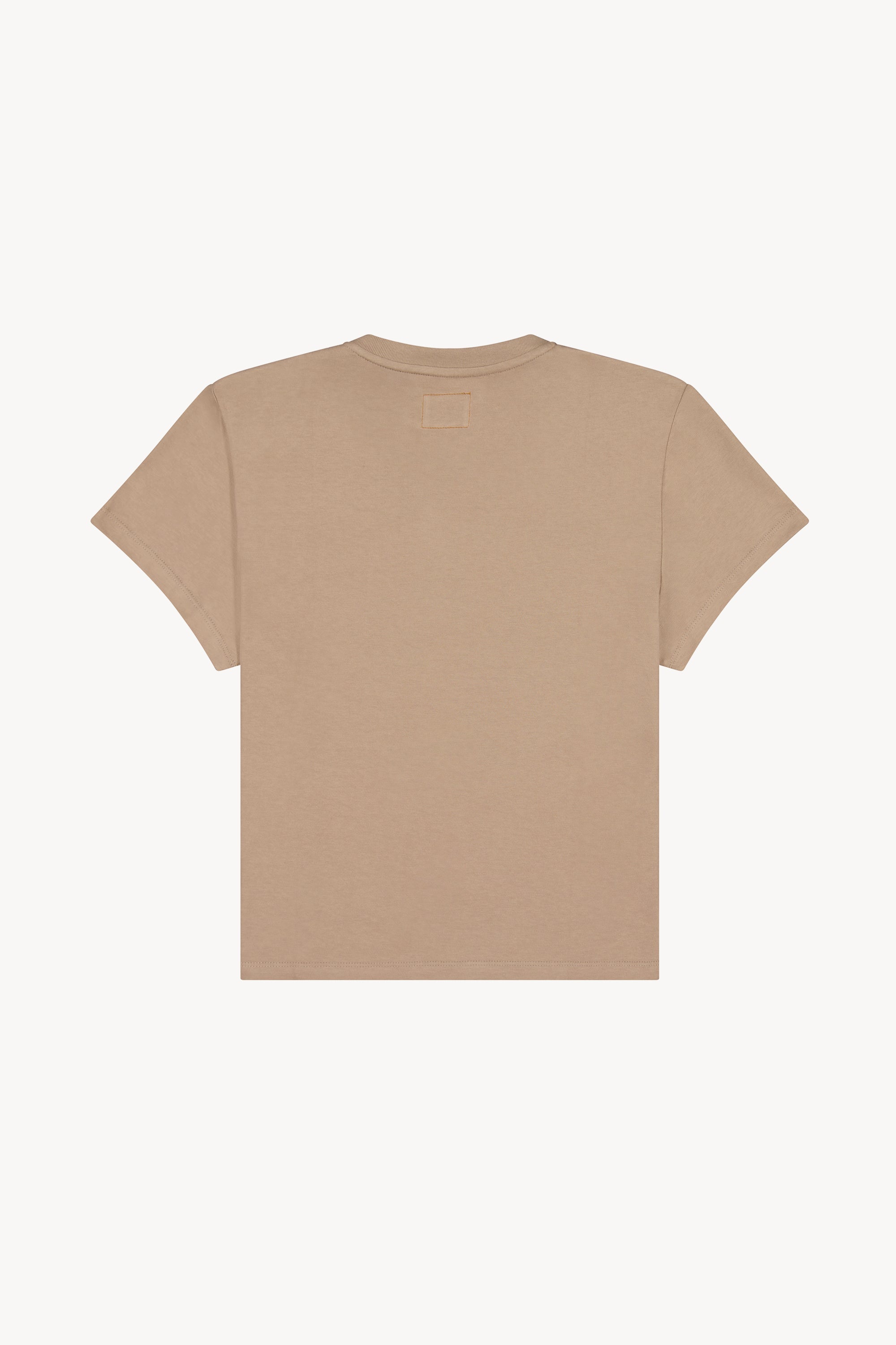 The mid taupe little tshirt in a white background. 100% made from organic grown cotton.