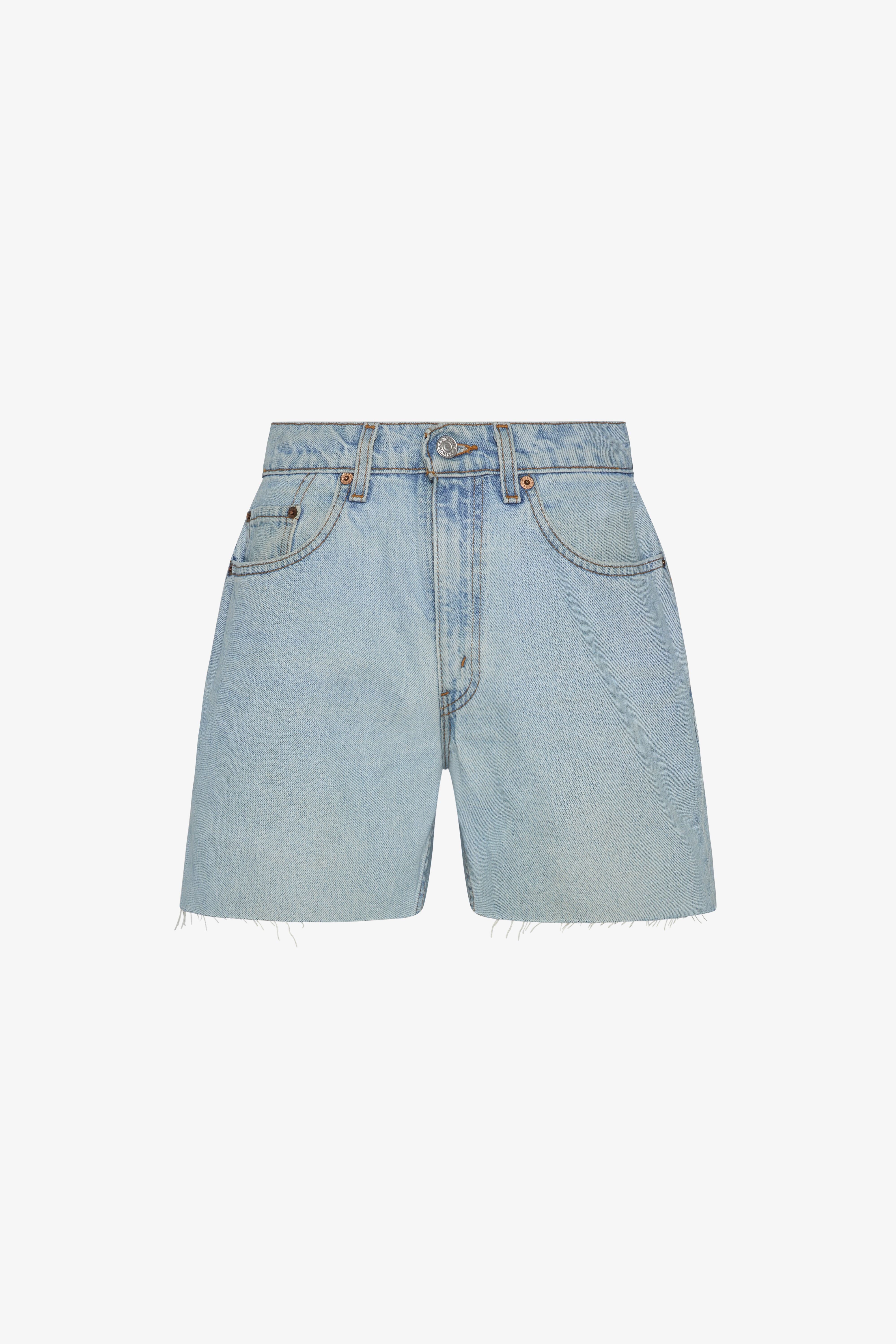 A long baggy short in a white background. 100% made from repurposed Levi’s.