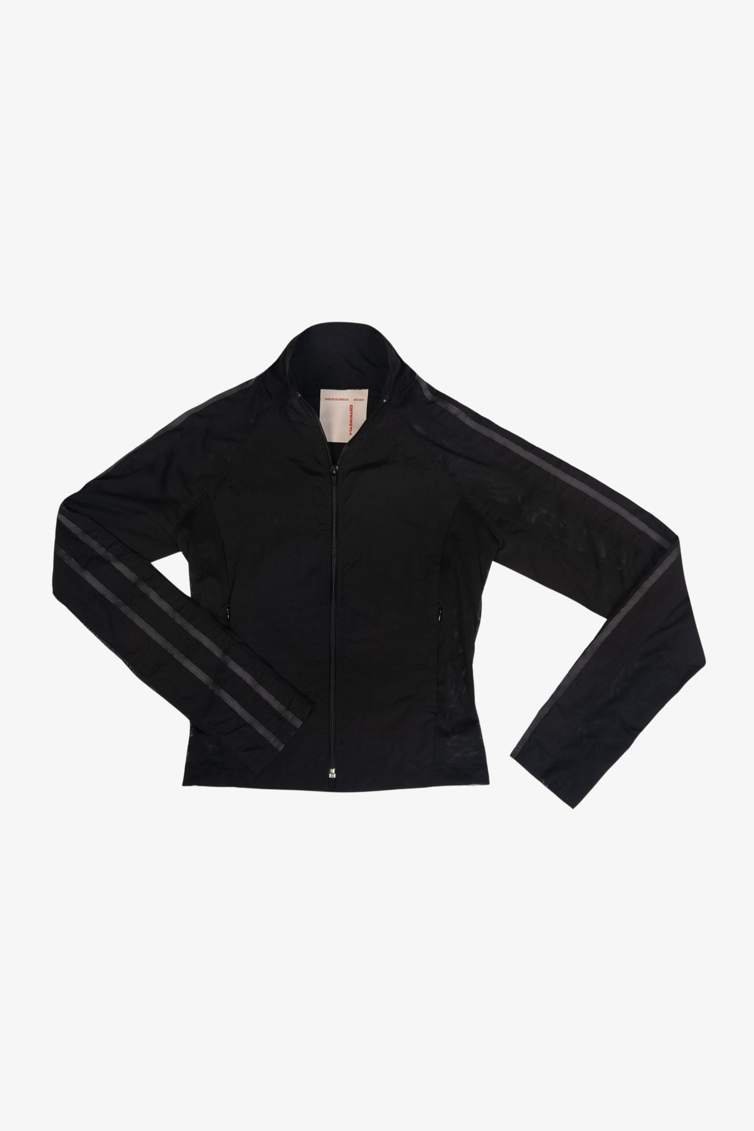 Mesh Black deadstock sustainable jacket. Front View.