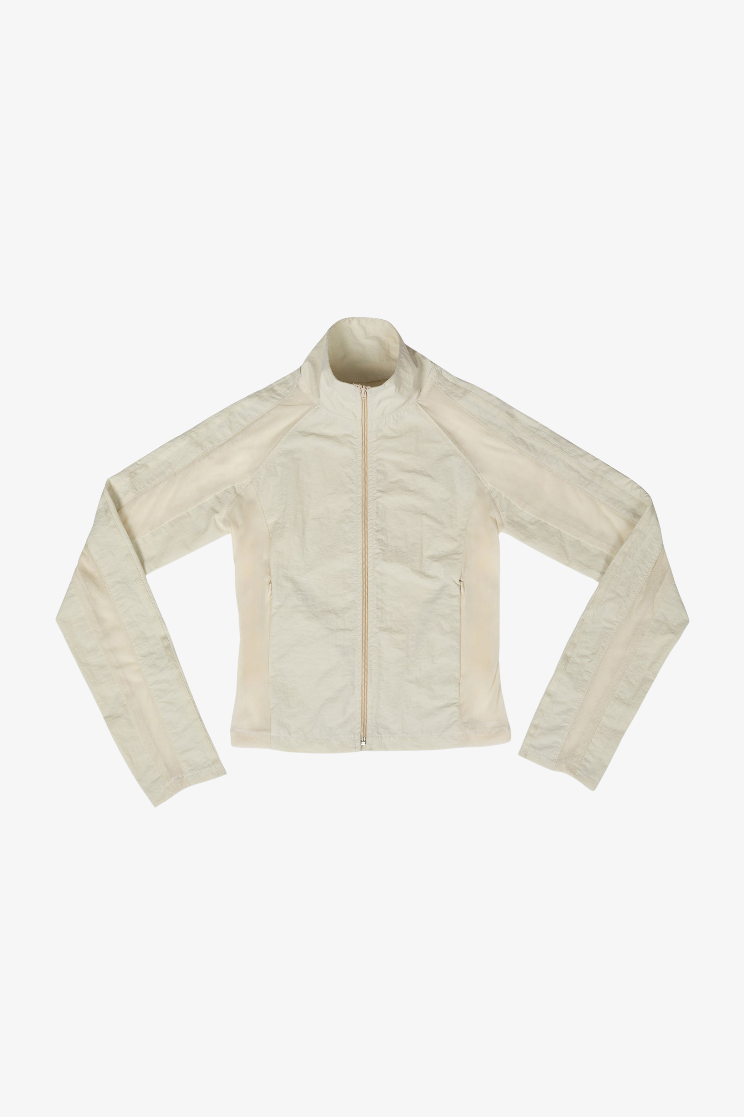 Beige sustainable deadstock jacket. Front view.