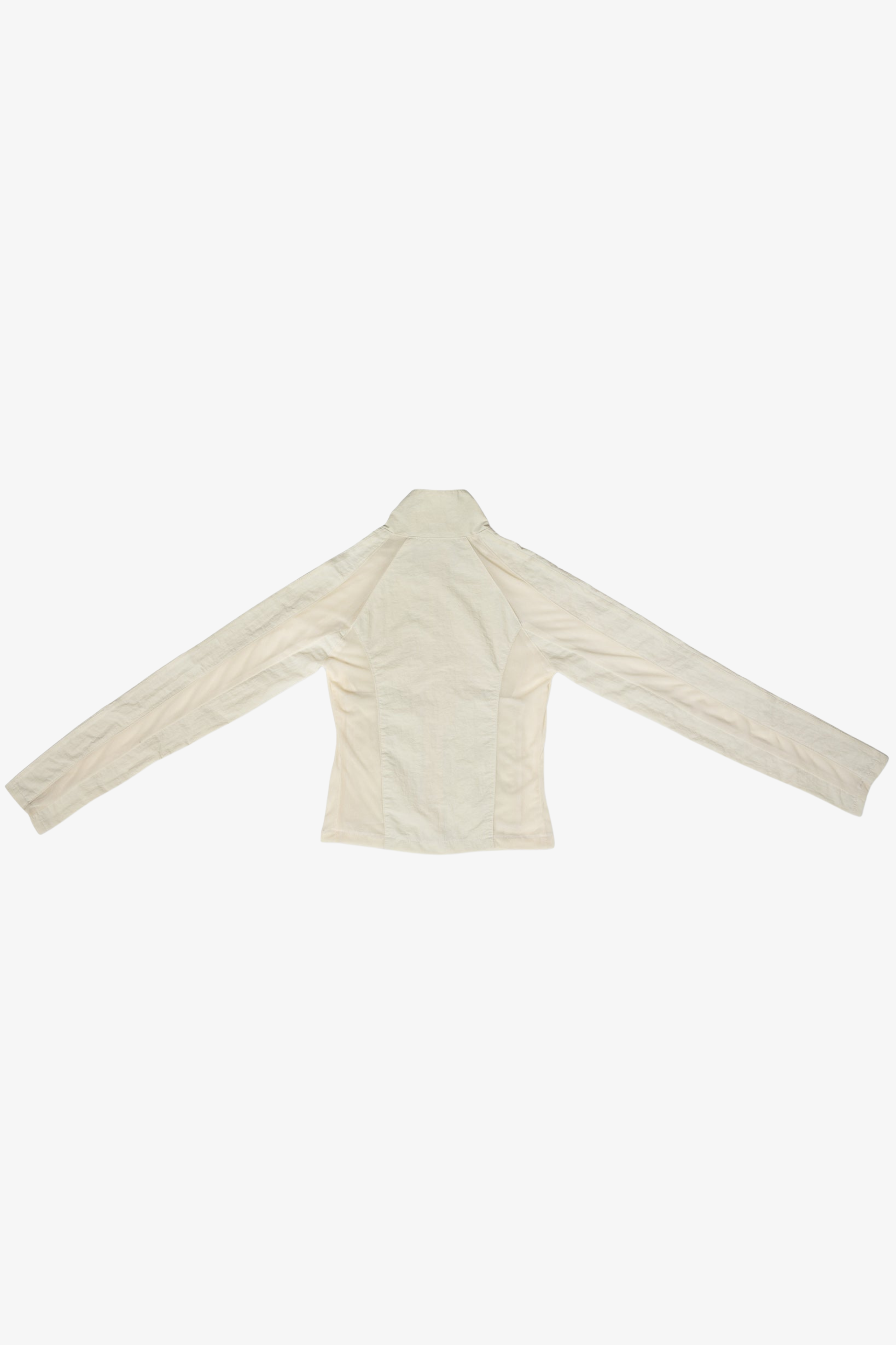 The mesh cream jacket in a white background. 100% made from deadstock nylon.