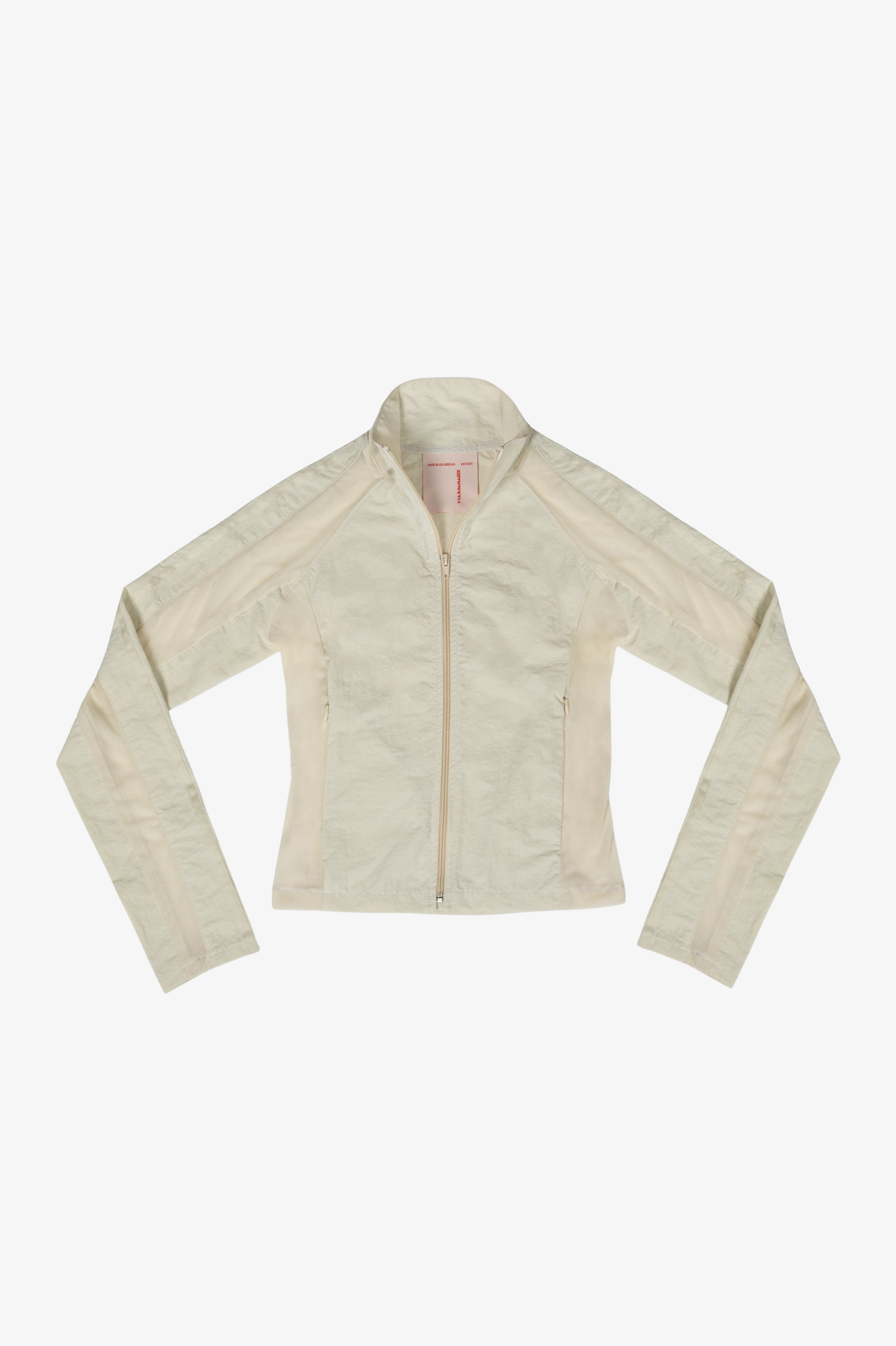 The mesh cream jacket in a white background. 100% made from deadstock nylon.