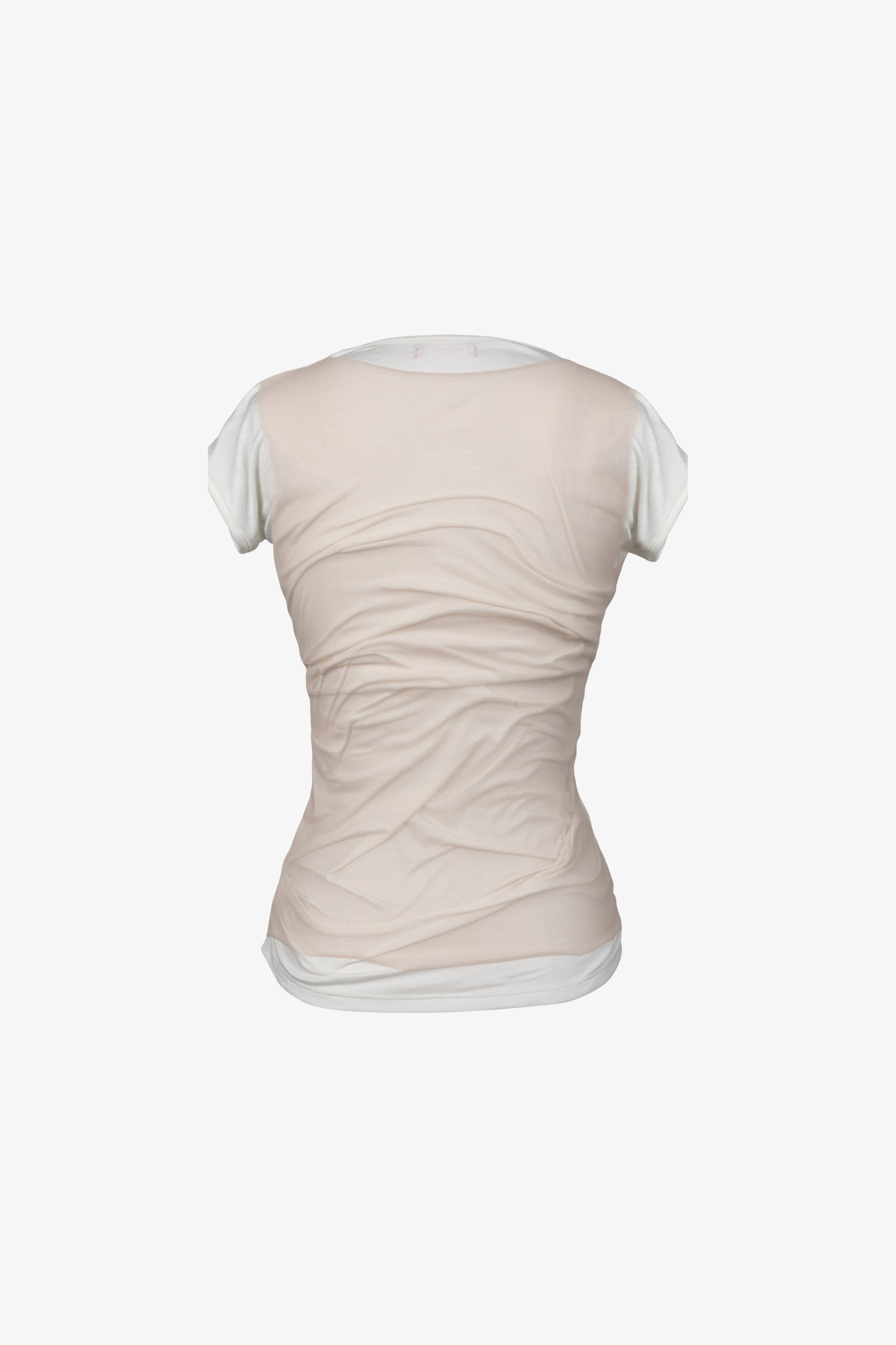 Light pink t-shirt top with ruched design sustainable and white accents. Back Side.
