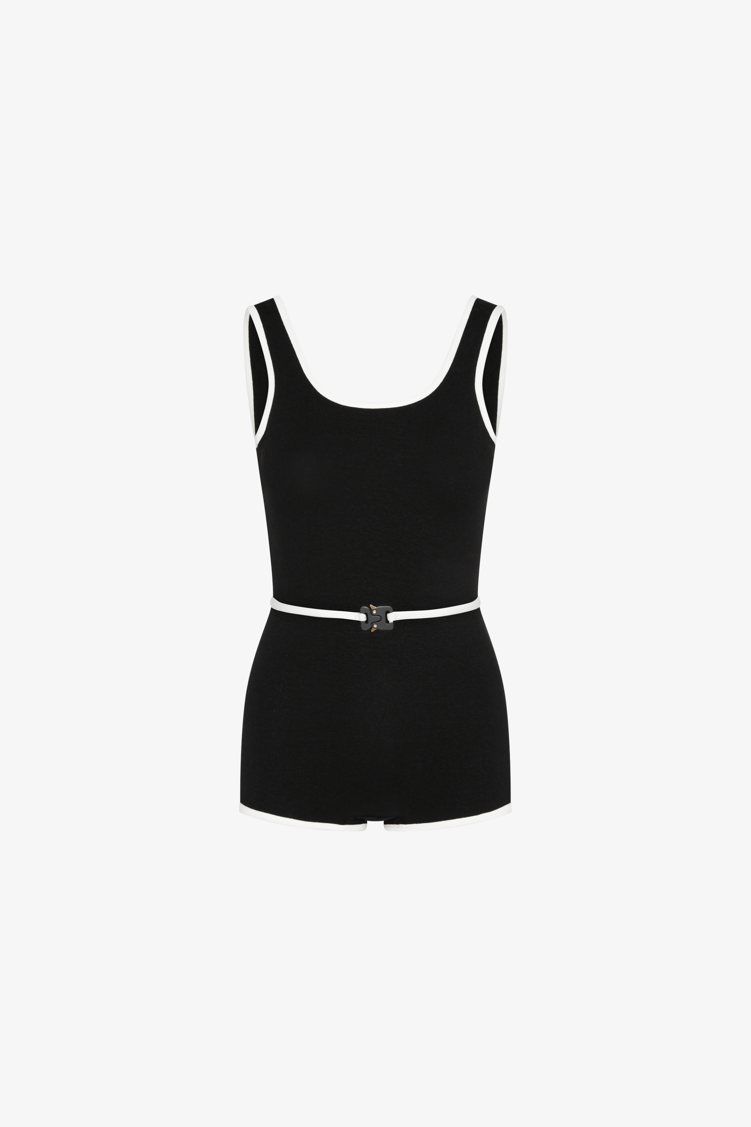 Black one piece sustainable swimsuit with white trim on a white background