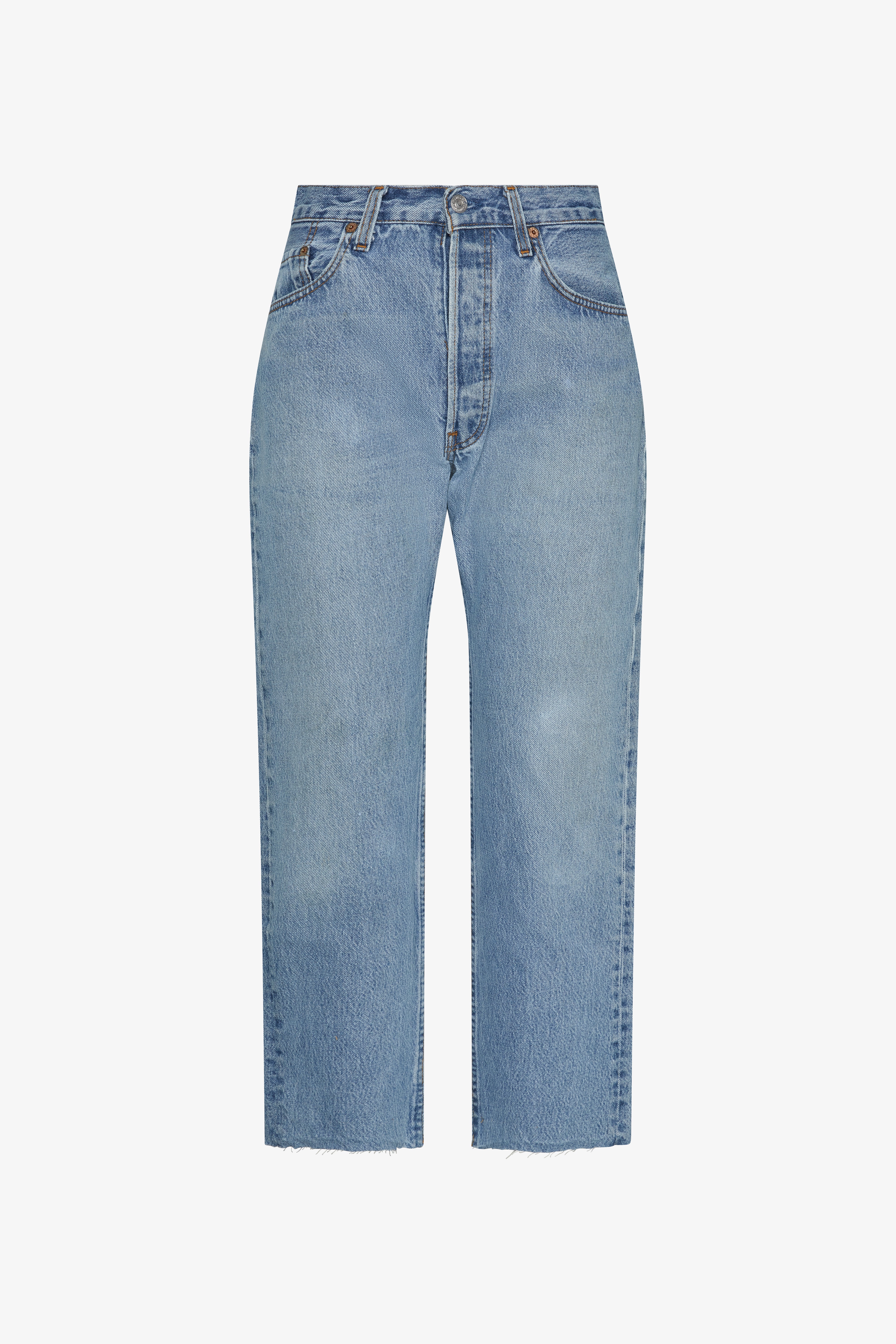 The relax raw hem in a white background. 100% made from repurposed Levi’s.
