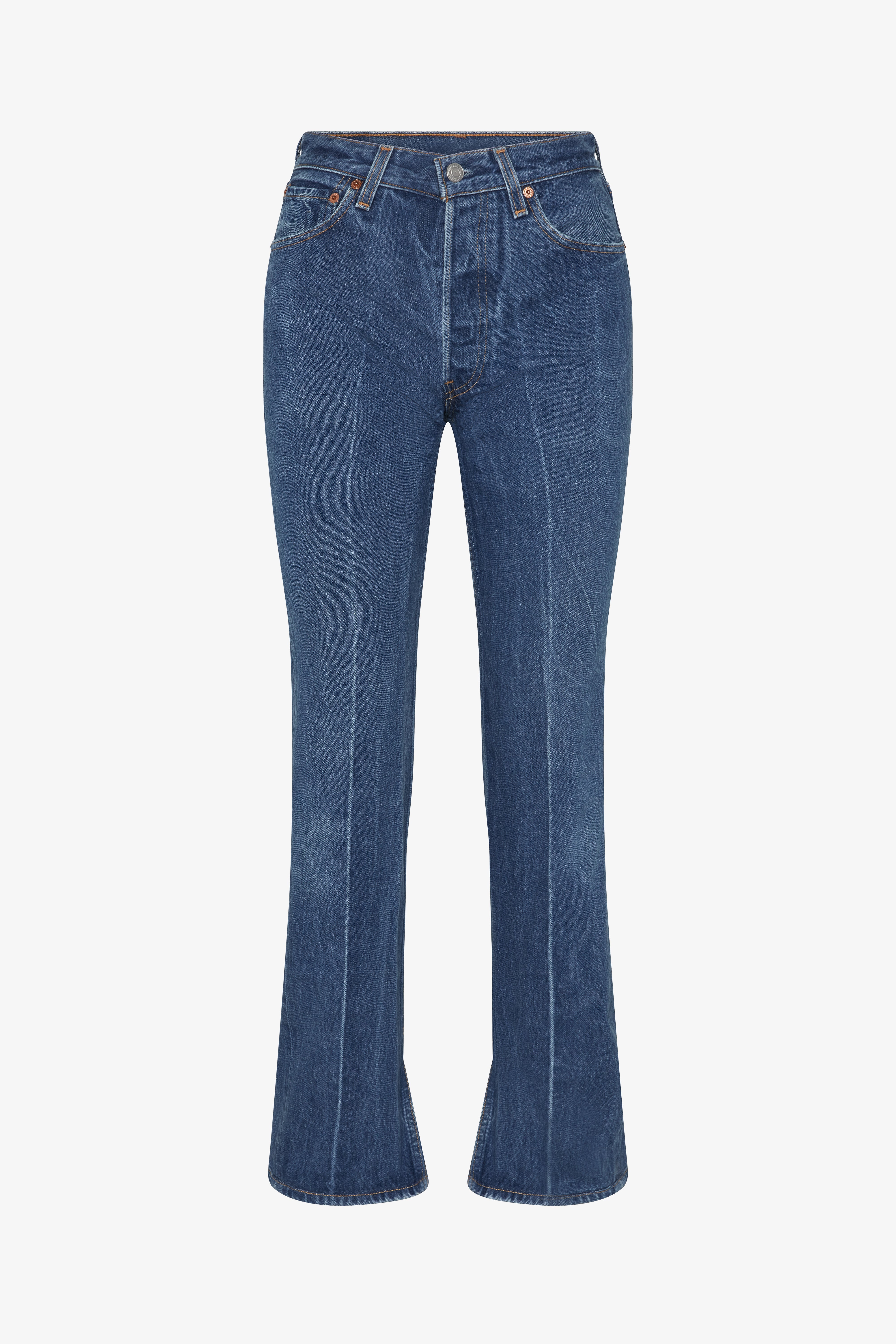 The relaxed split in a white background. 100% made from repurposed Levi’s.