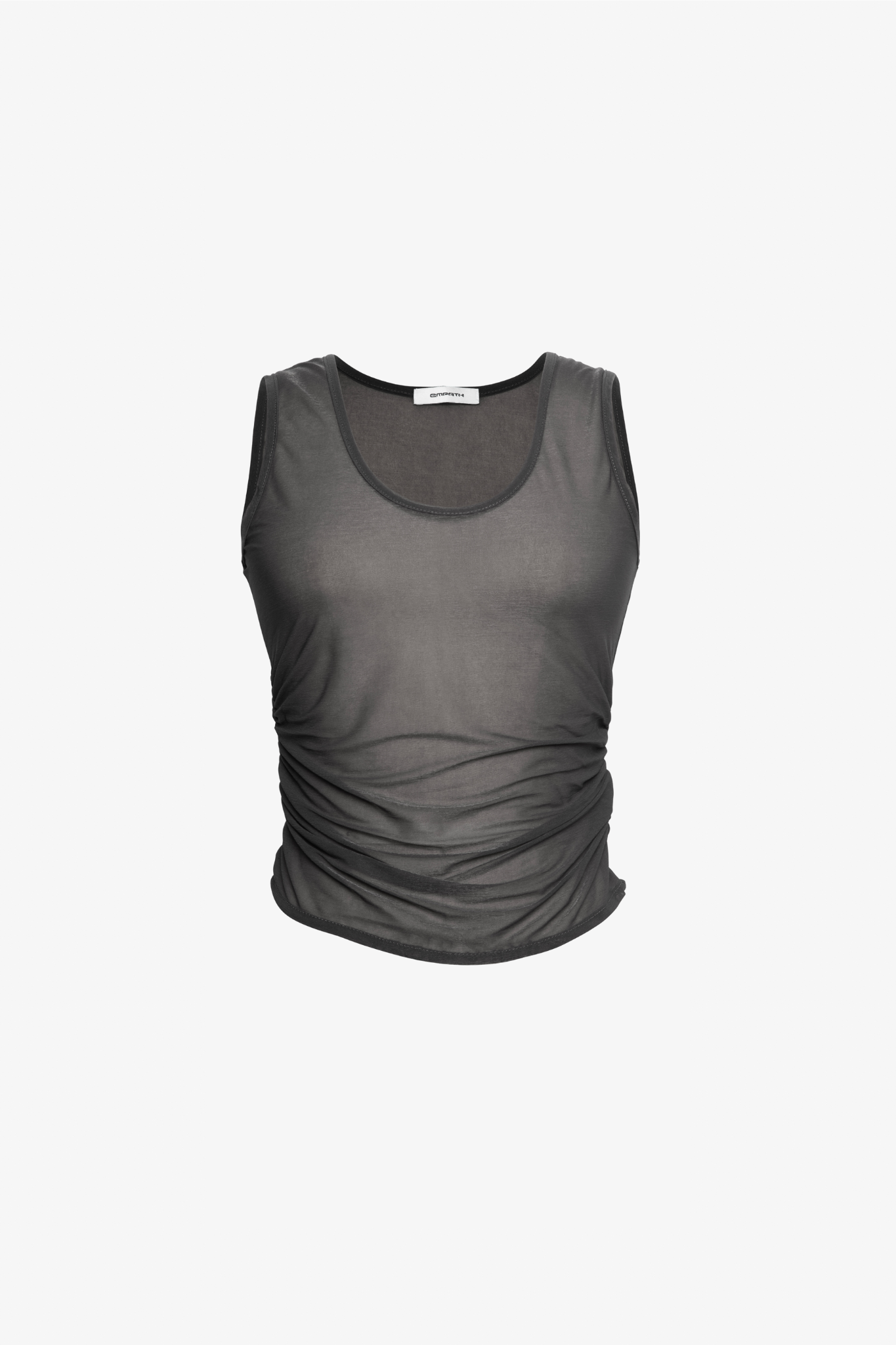 The ruched sheer tank in a white background. 100% deadstock, Japanese sheer polyester