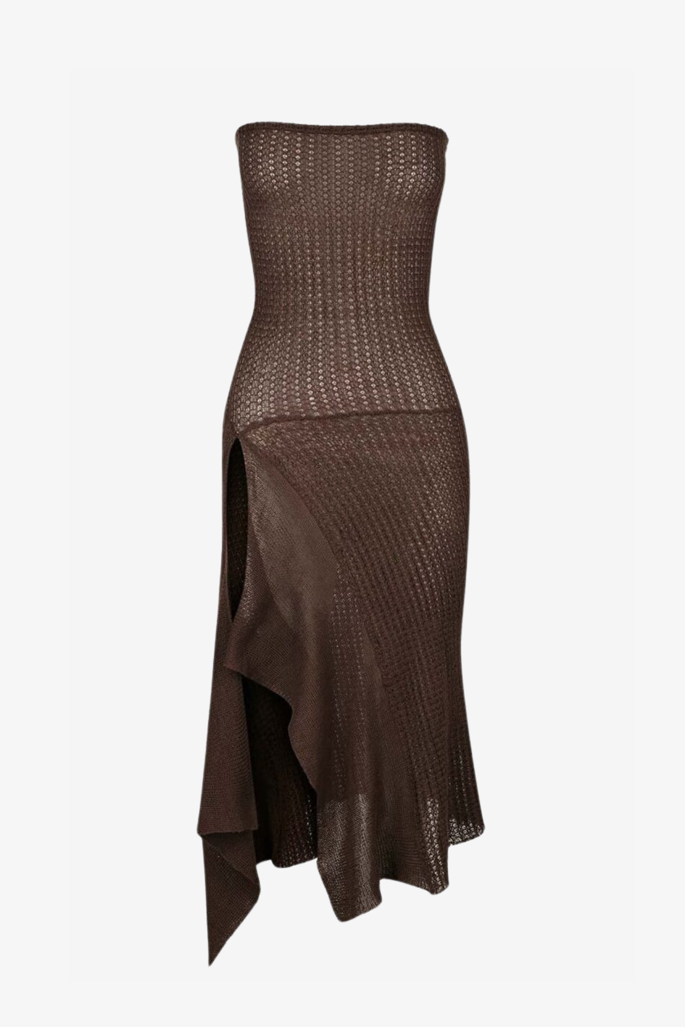 The selene dress in a white background. 100% brown cotton knit.