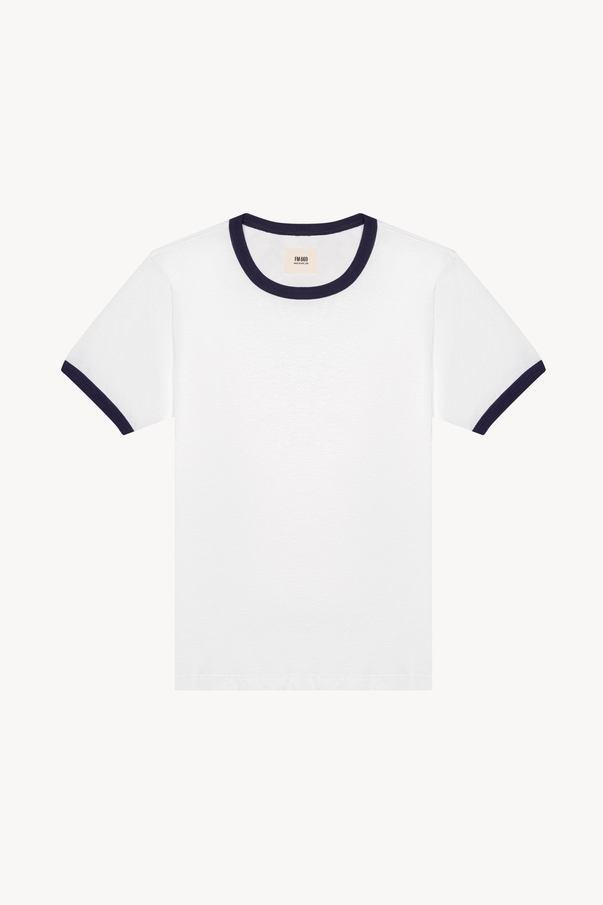 The white/navy star ringer tshirt in a white background. 100% made from organic grown cotton.