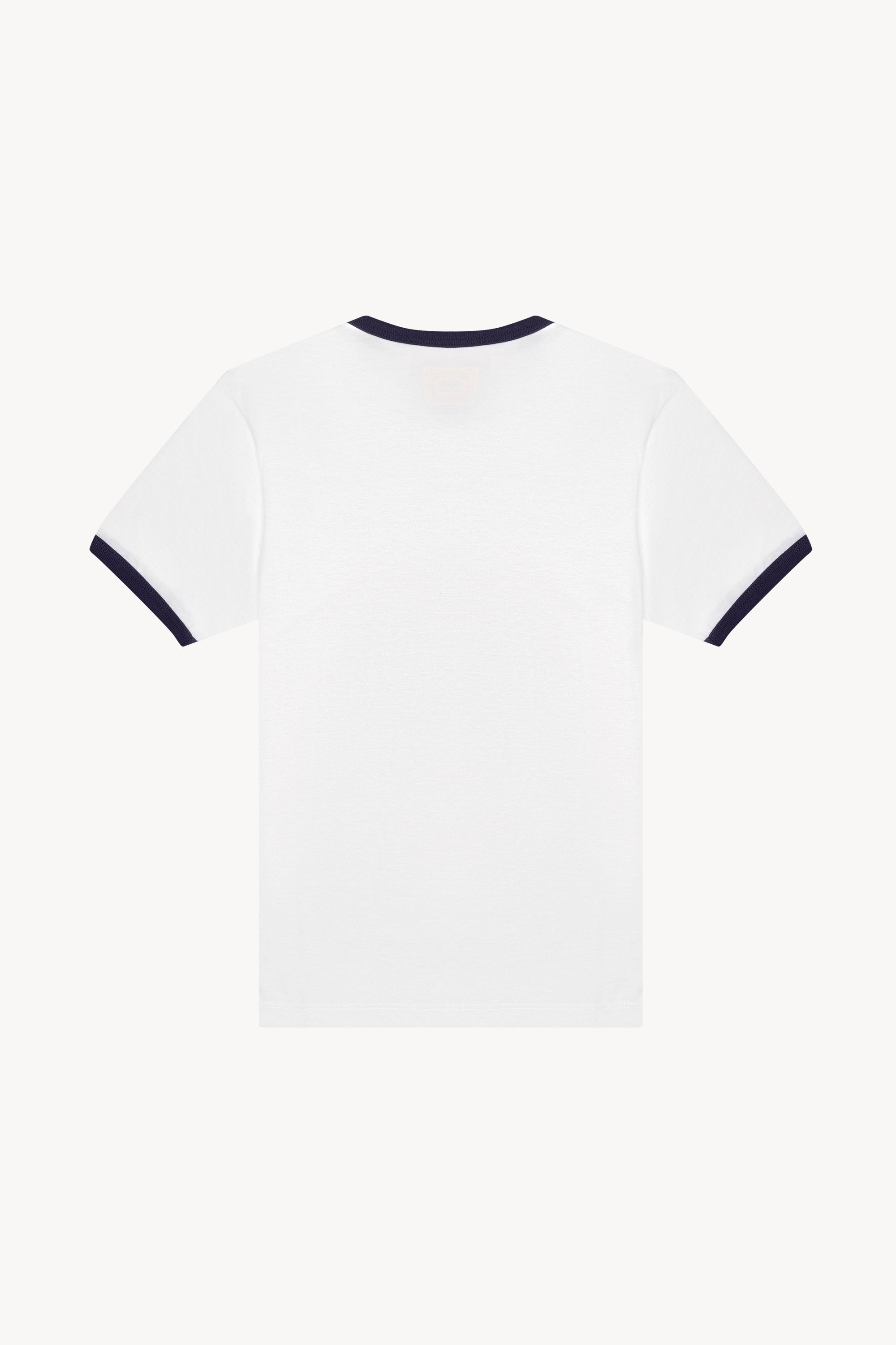 The white/navy star ringer tshirt in a white background. 100% made from organic grown cotton.
