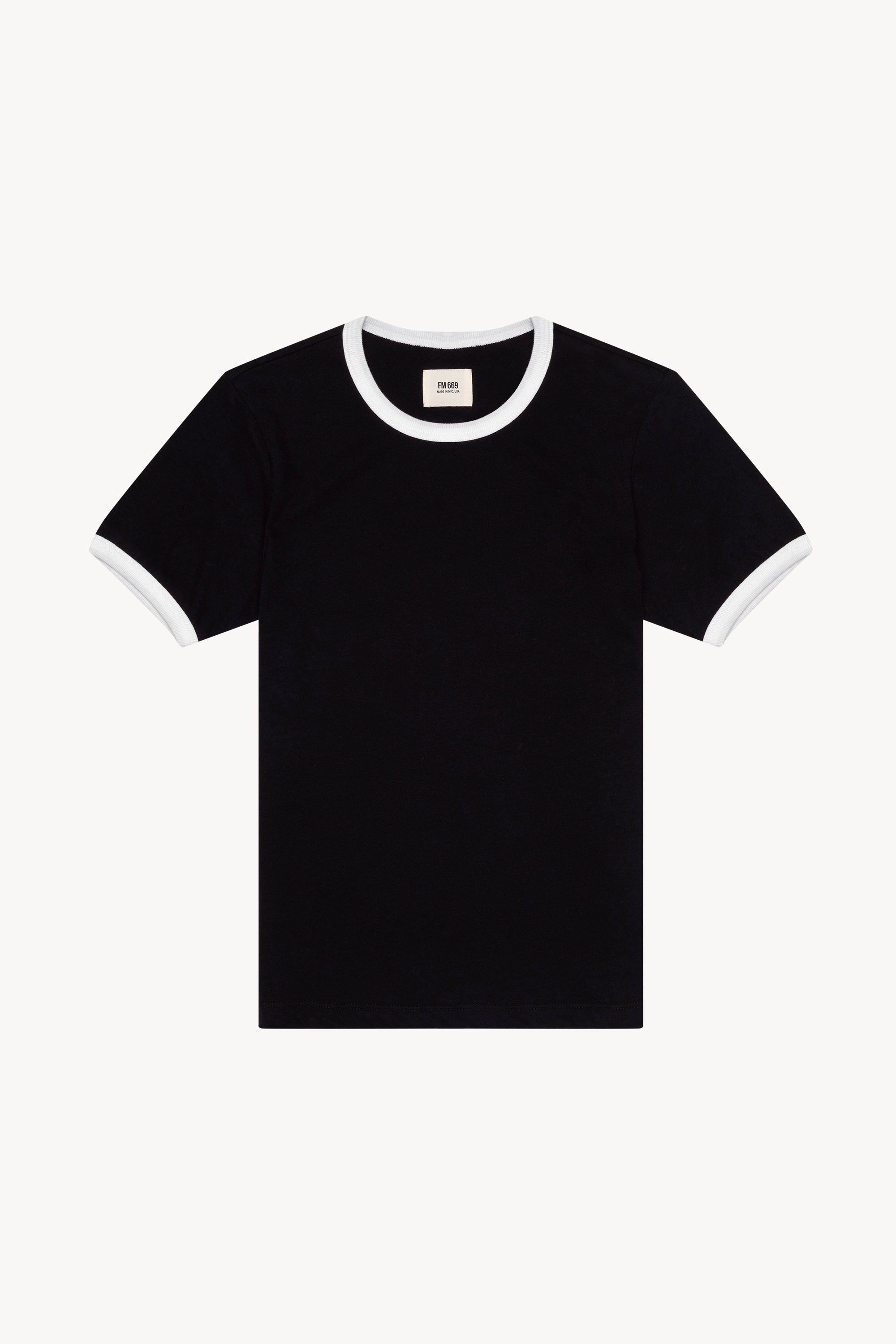 The star ringer tshirt in black with white contrast in a white background. 100% made from organic grown cotton.